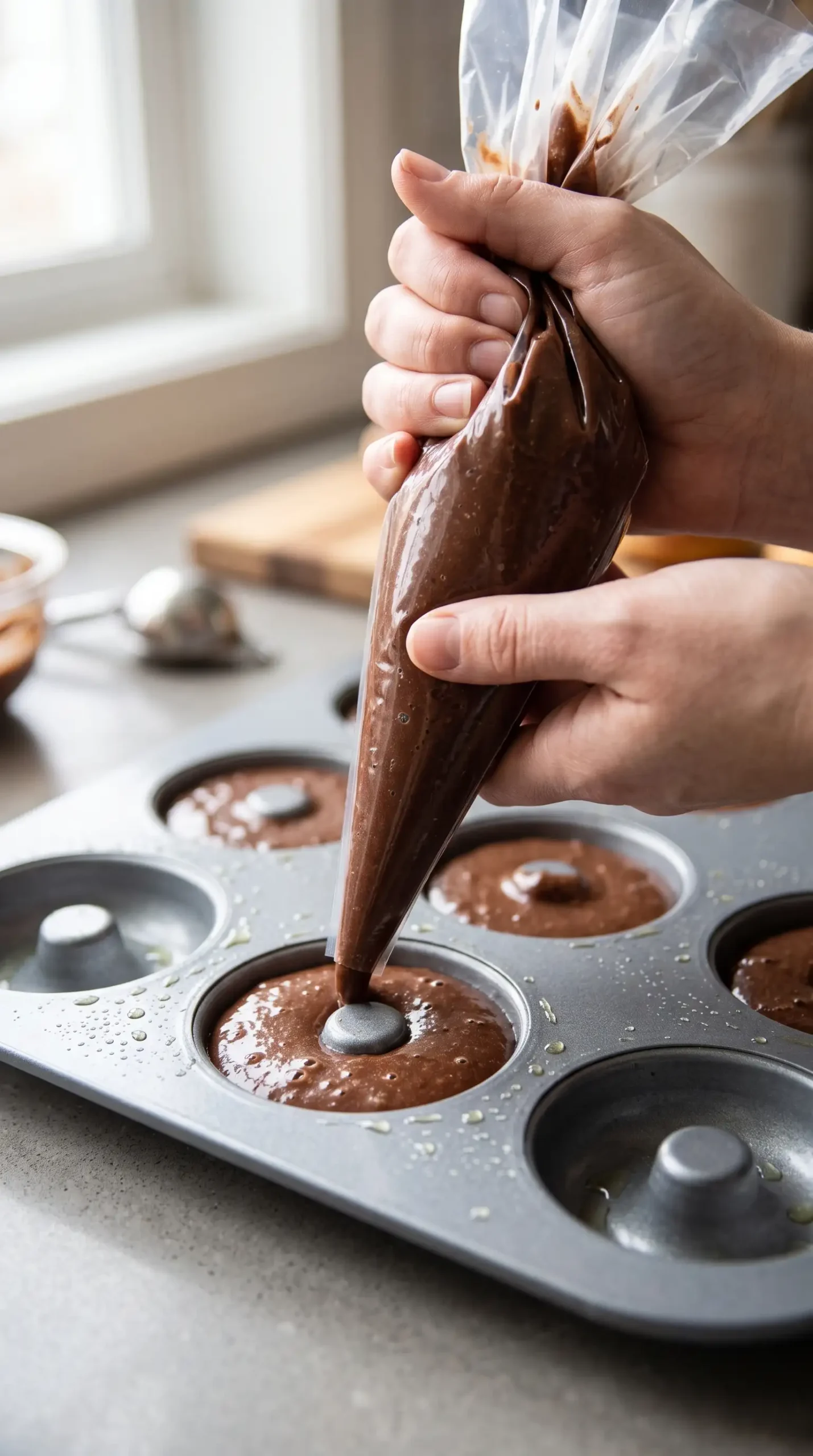 Chocolate donut batter piped into a greased mini donut pan