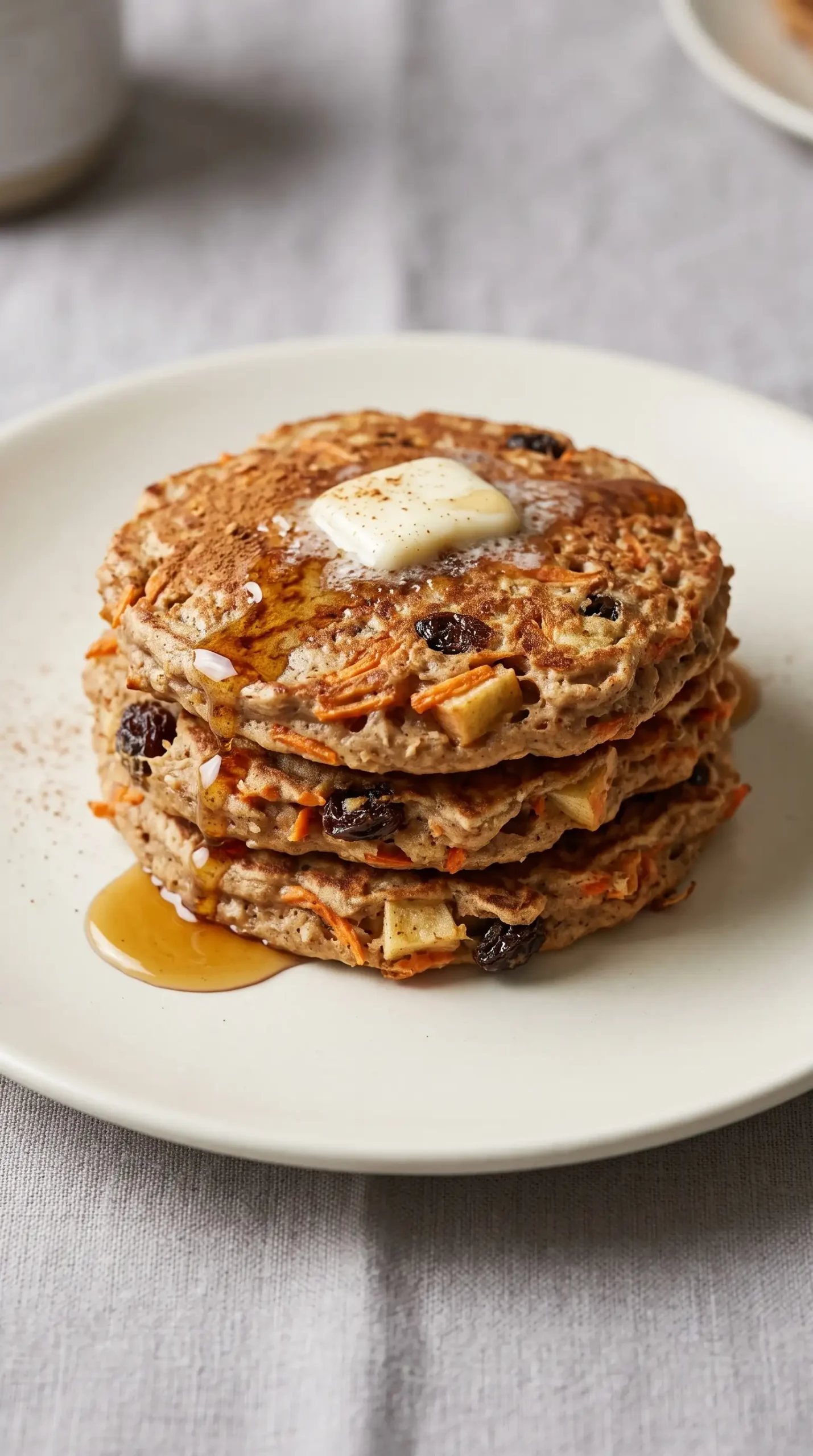 Finished apple carrot pancakes topped with butter and maple syrup on a plate