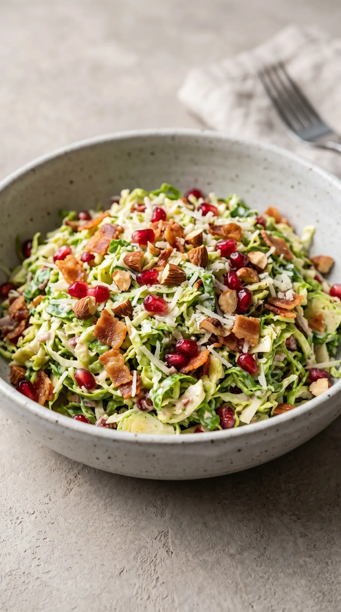 Finished Brussels sprout salad with creamy dressing, bacon, pomegranate, almonds, and Pecorino cheese