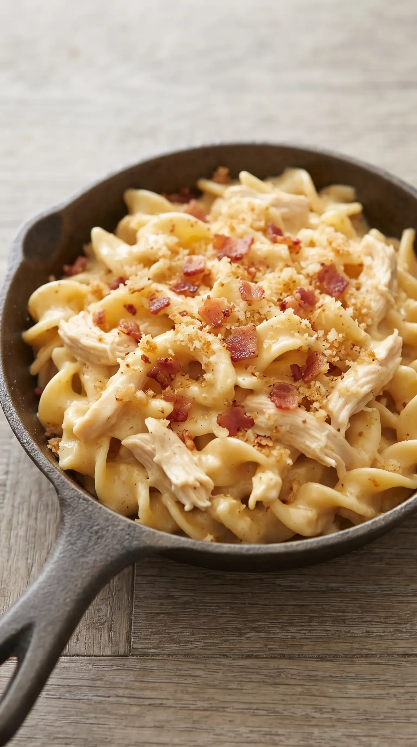 Serving of cheesy chicken noodles with creamy sauce, shredded chicken, bacon, and breadcrumbs