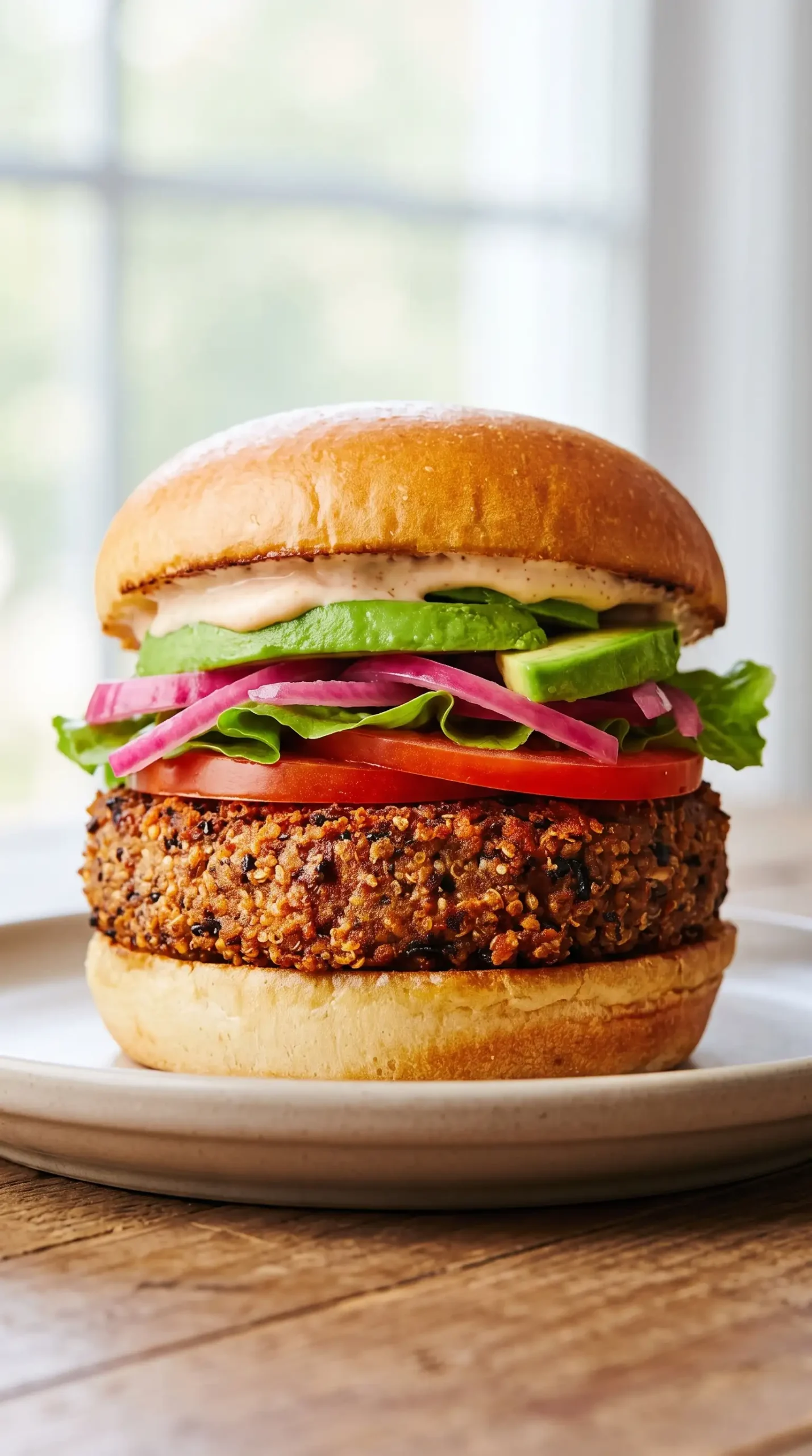 Finished chipotle quinoa burger with spicy mayo, avocado, lettuce, tomato, and pickled onion