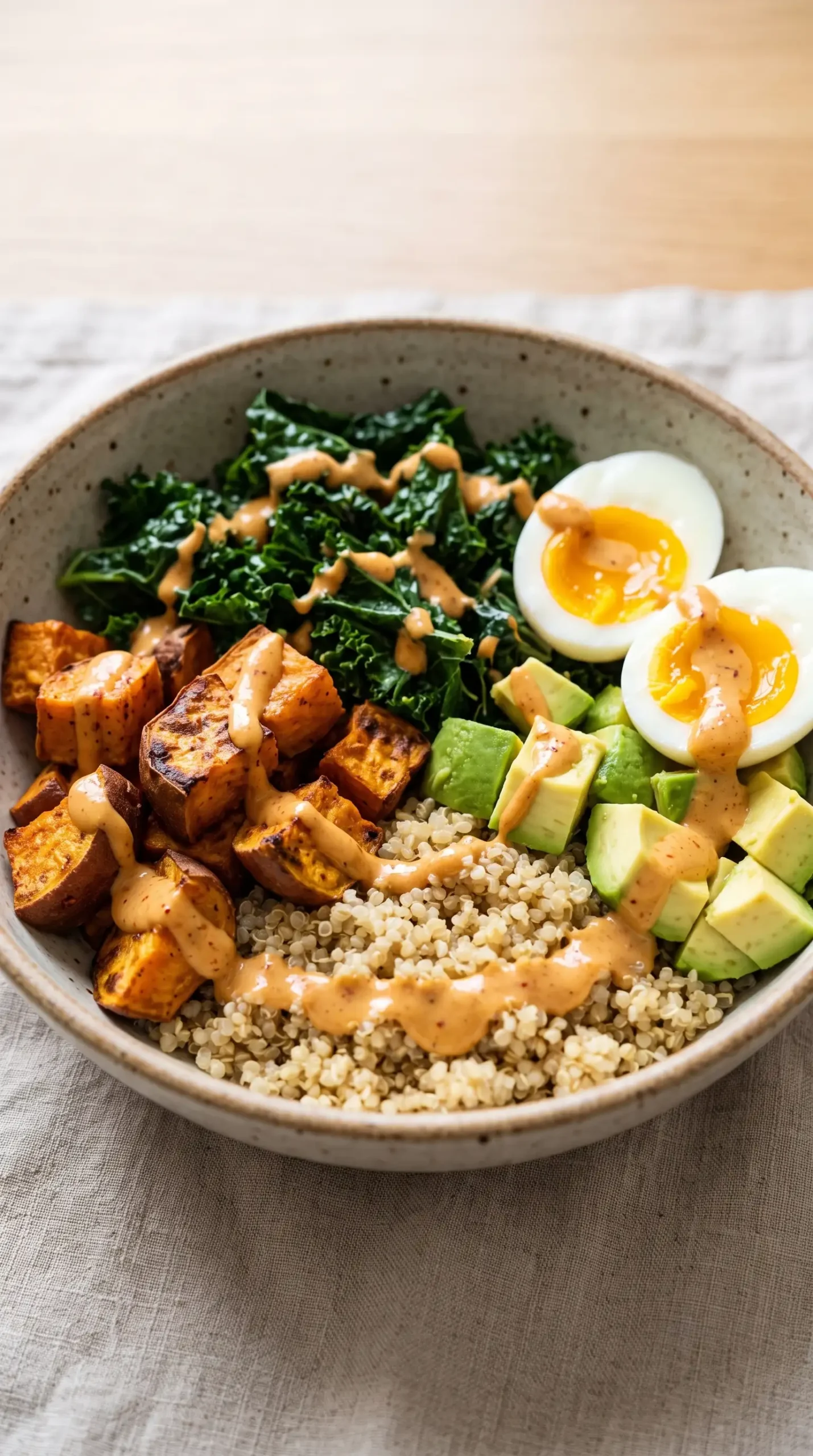 Finished chipotle tahini bowl with quinoa, sweet potatoes, kale, avocado, and egg