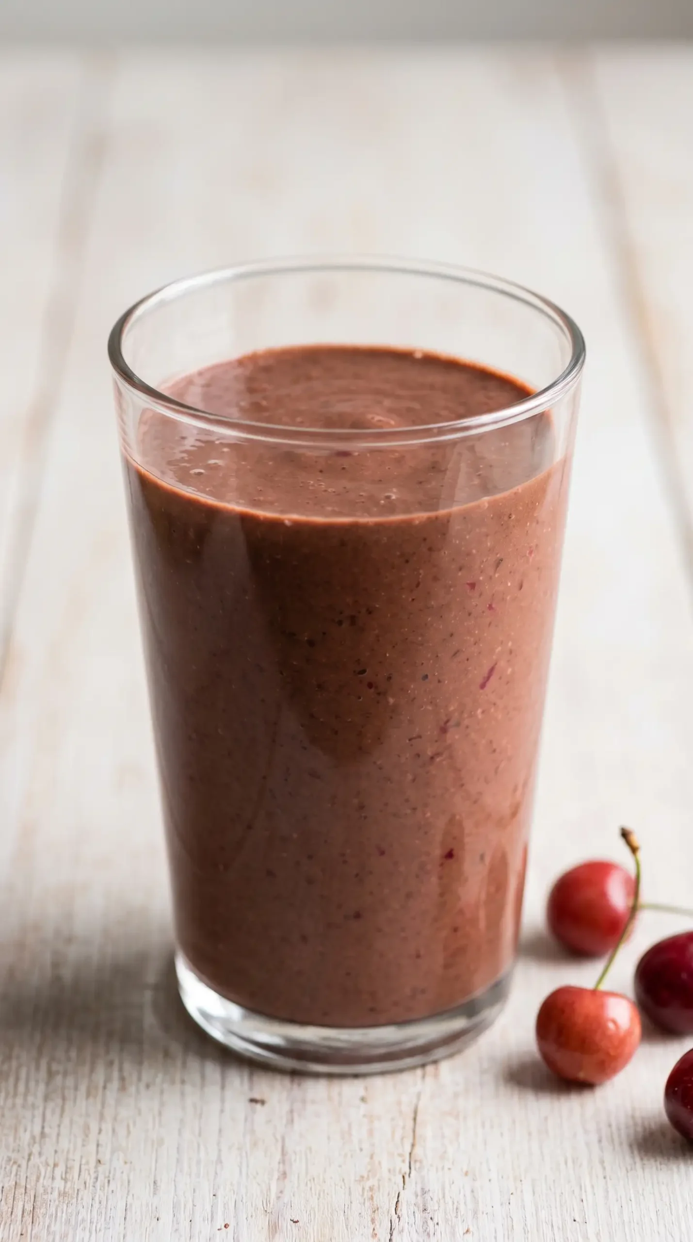 Finished chocolate cherry smoothie in a clear glass showing a smooth creamy texture