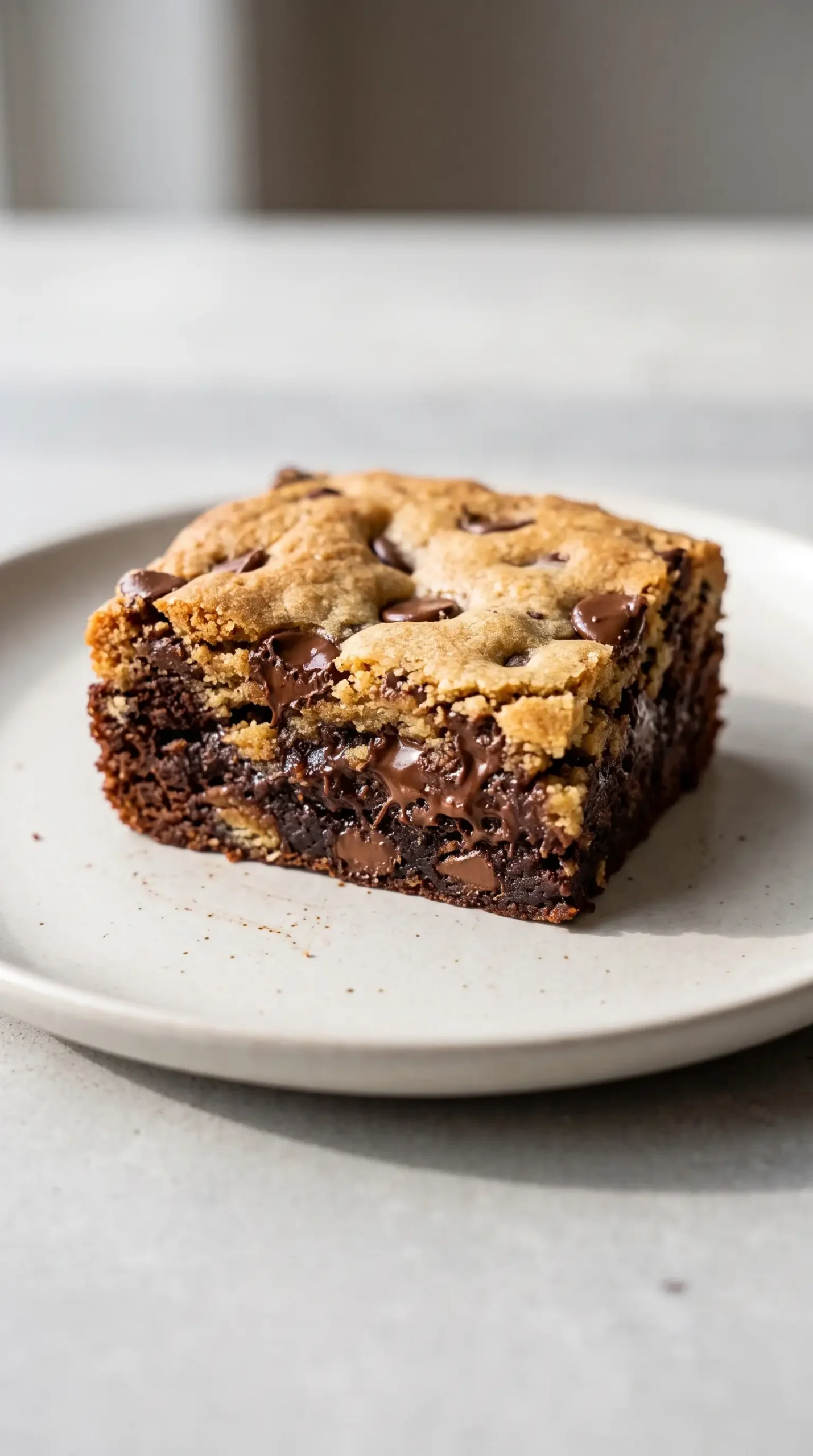 Chocolate chip cookie brownies square with golden cookie top and rich brownie center