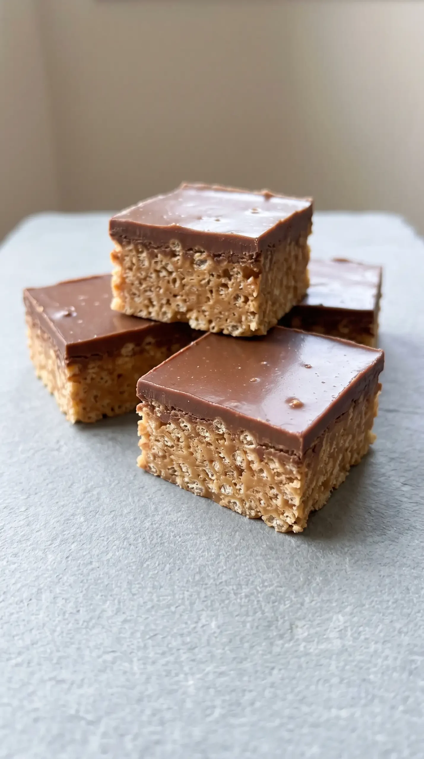 Finished Chocolate Scotcheroos bars with crisp cereal layers and chocolate topping