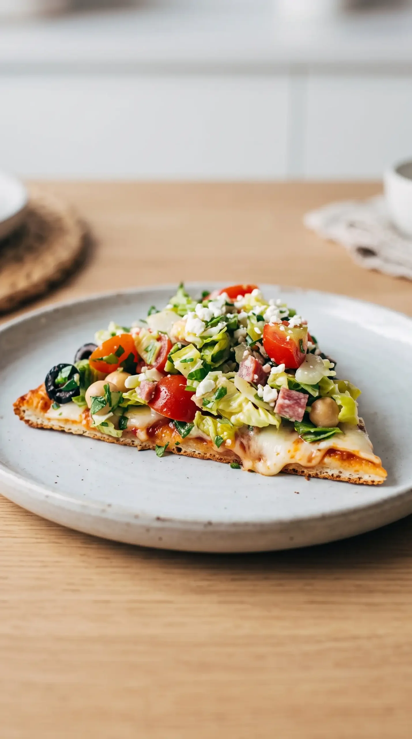 Finished pizza slice topped with crisp chopped salad, feta, salami, and vegetables