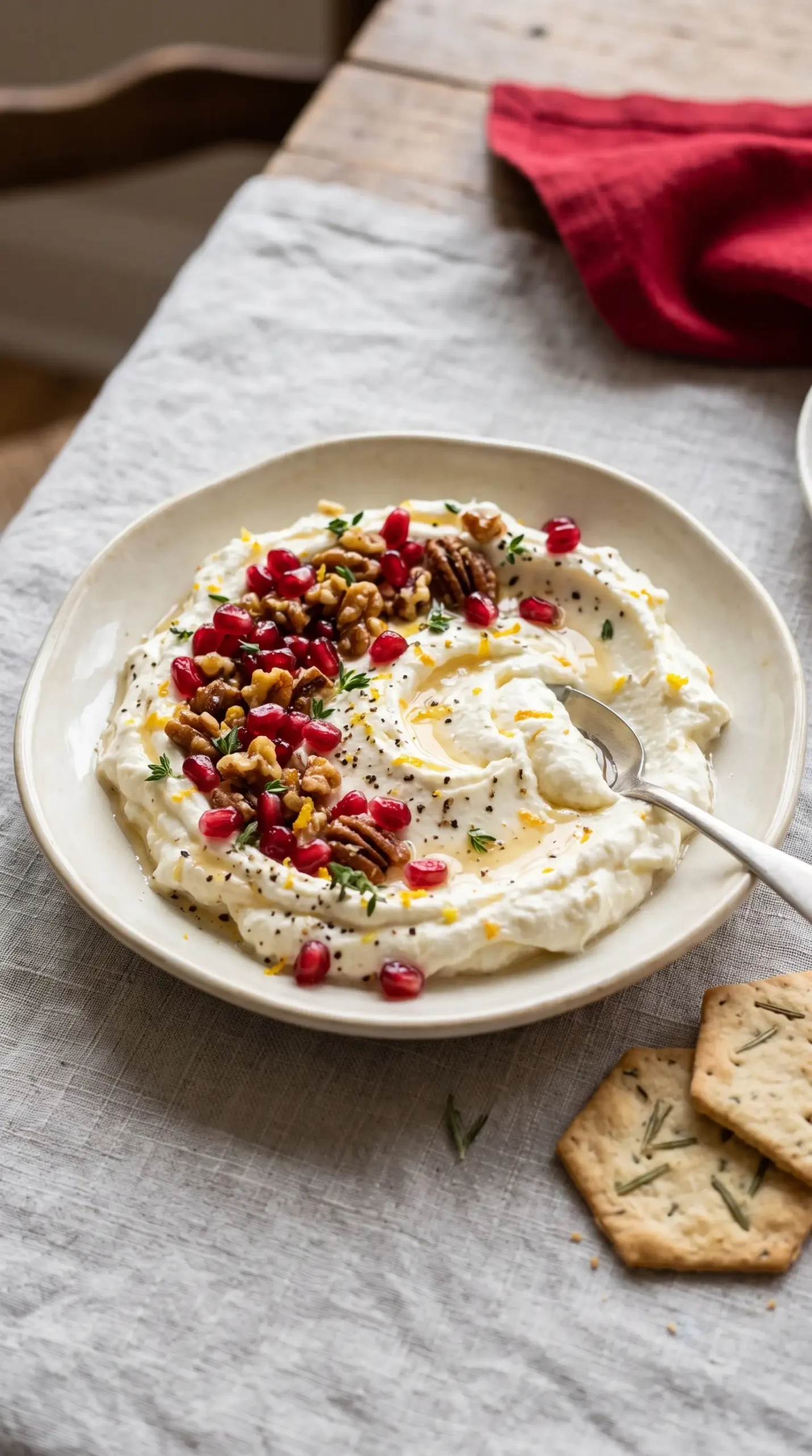 Finished whipped feta appetizer topped with pomegranate, candied nuts, herbs, and honey