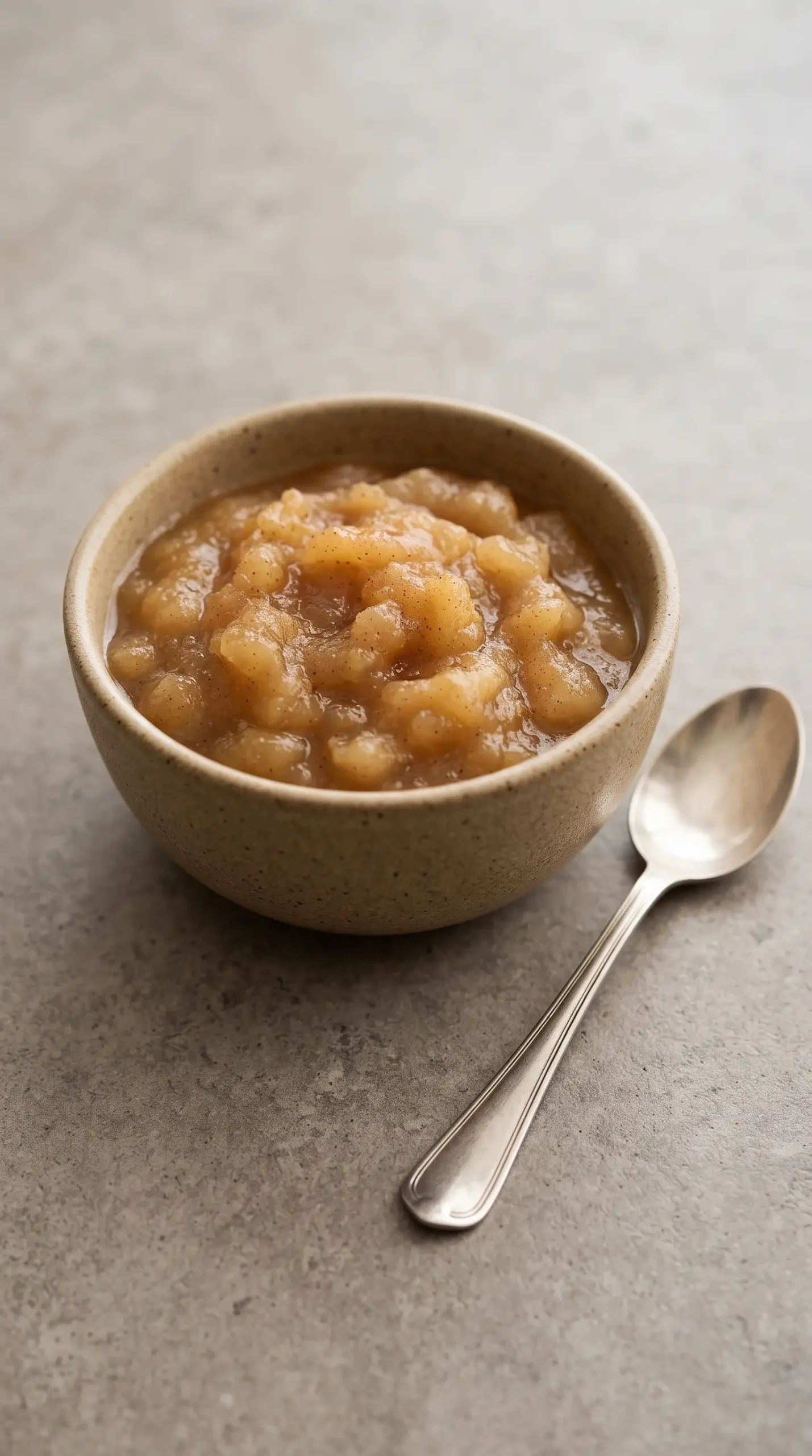 Bowl of smooth homemade applesauce with cinnamon and a spoon