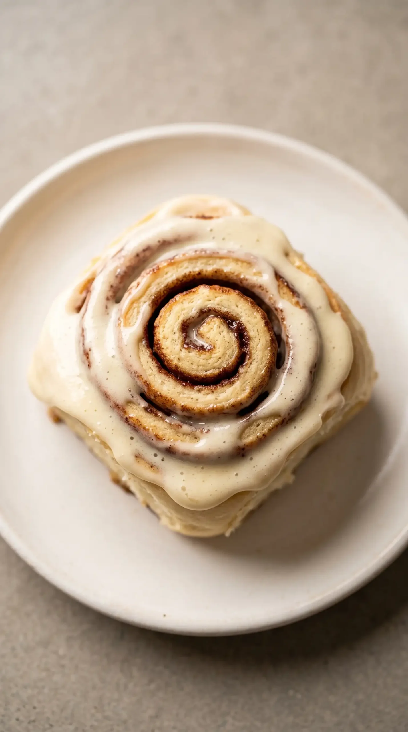 Finished cinnamon roll with cream cheese frosting showing a warm spiral center