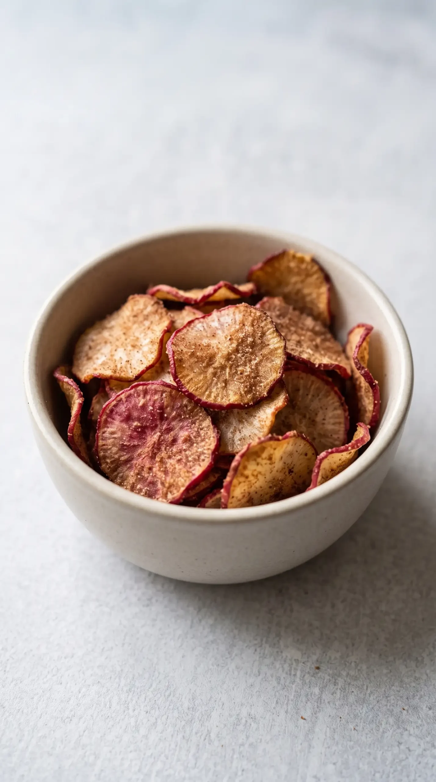 Finished cinnamon sugar radish chips with crisp edges served in a small bowl