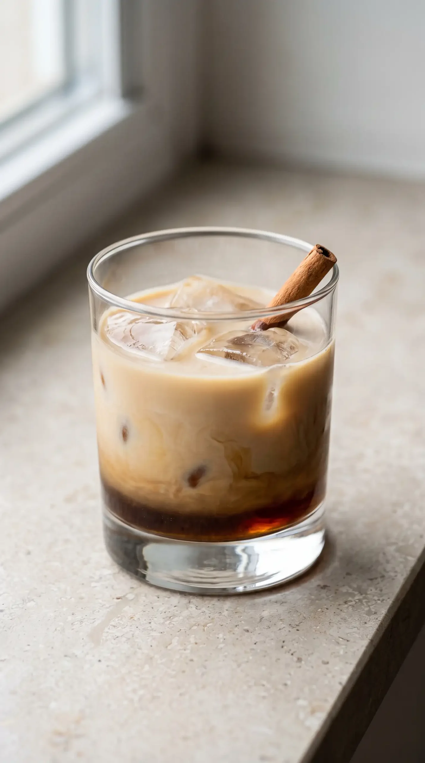 Finished Cinnamon White Russian cocktail with cream, coffee liqueur, ice, and cinnamon