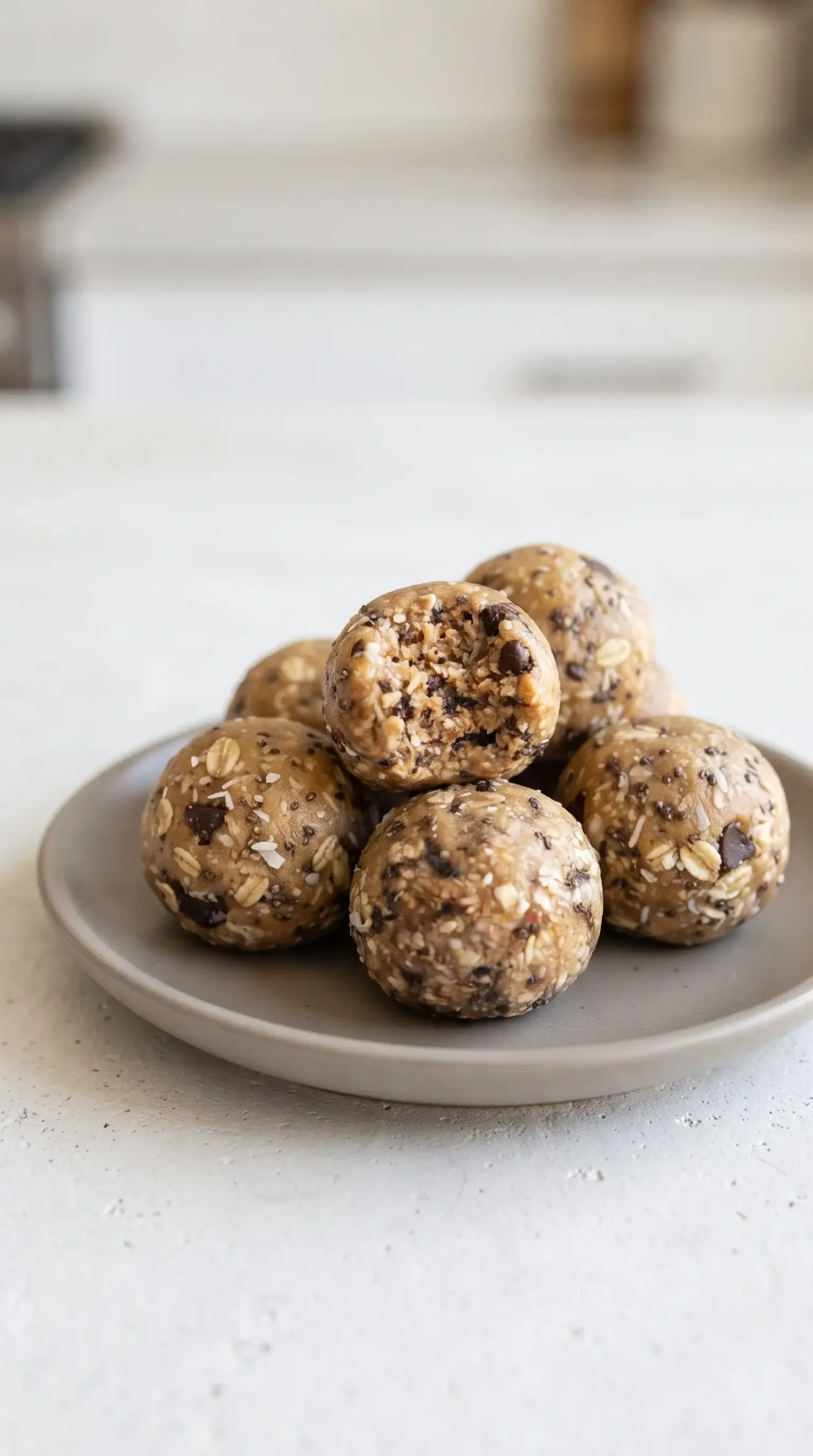 Cookie dough energy bites with chocolate chips, oats, coconut, and chia seeds