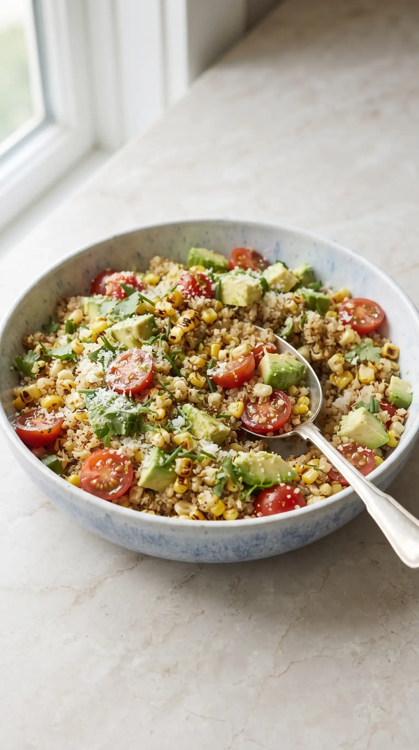 Finished quinoa salad with corn, avocado, marinated tomatoes, herbs, lime, and Cotija cheese