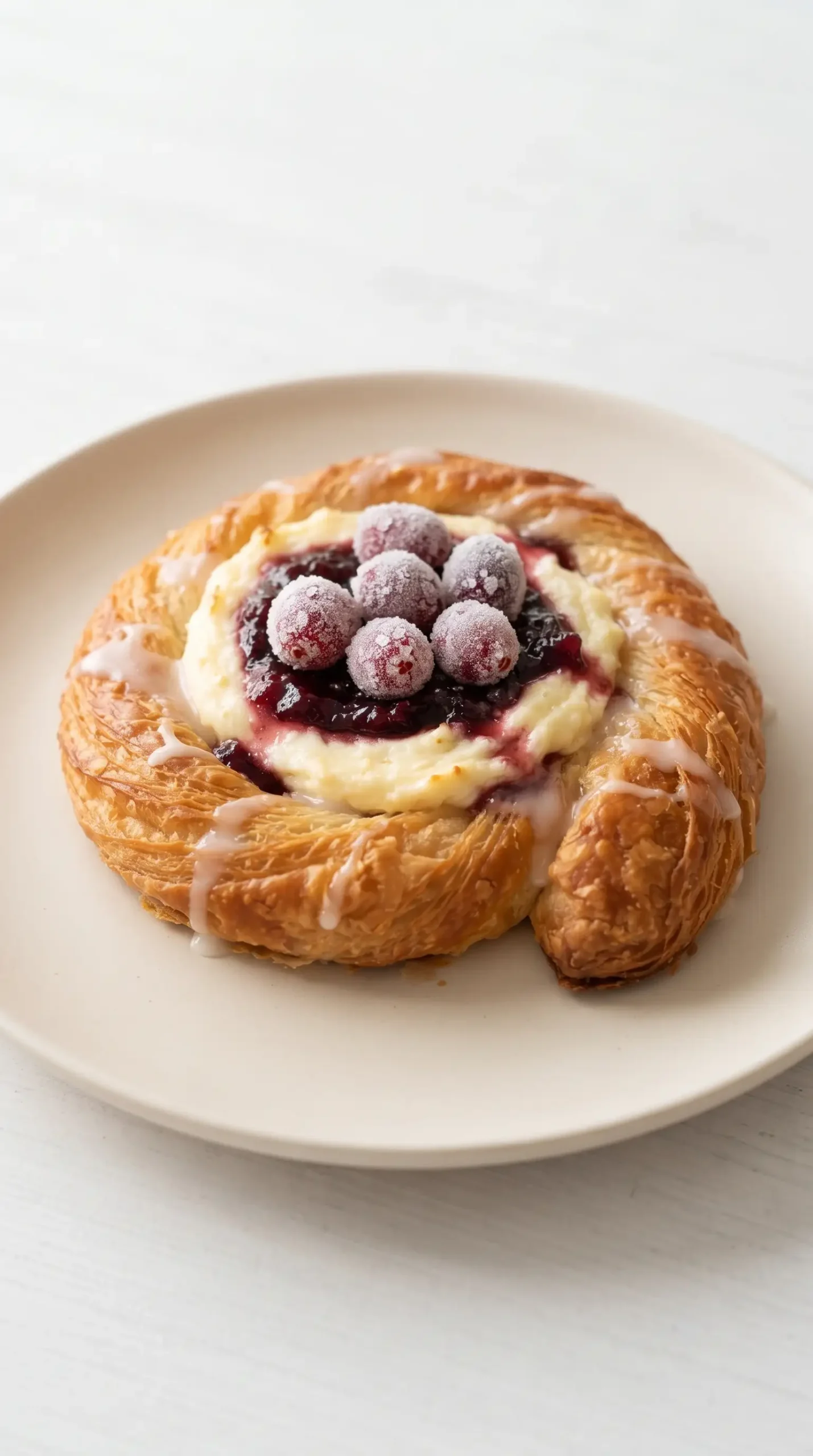 Cream cheese danish with cranberry topping and vanilla glaze on a plate