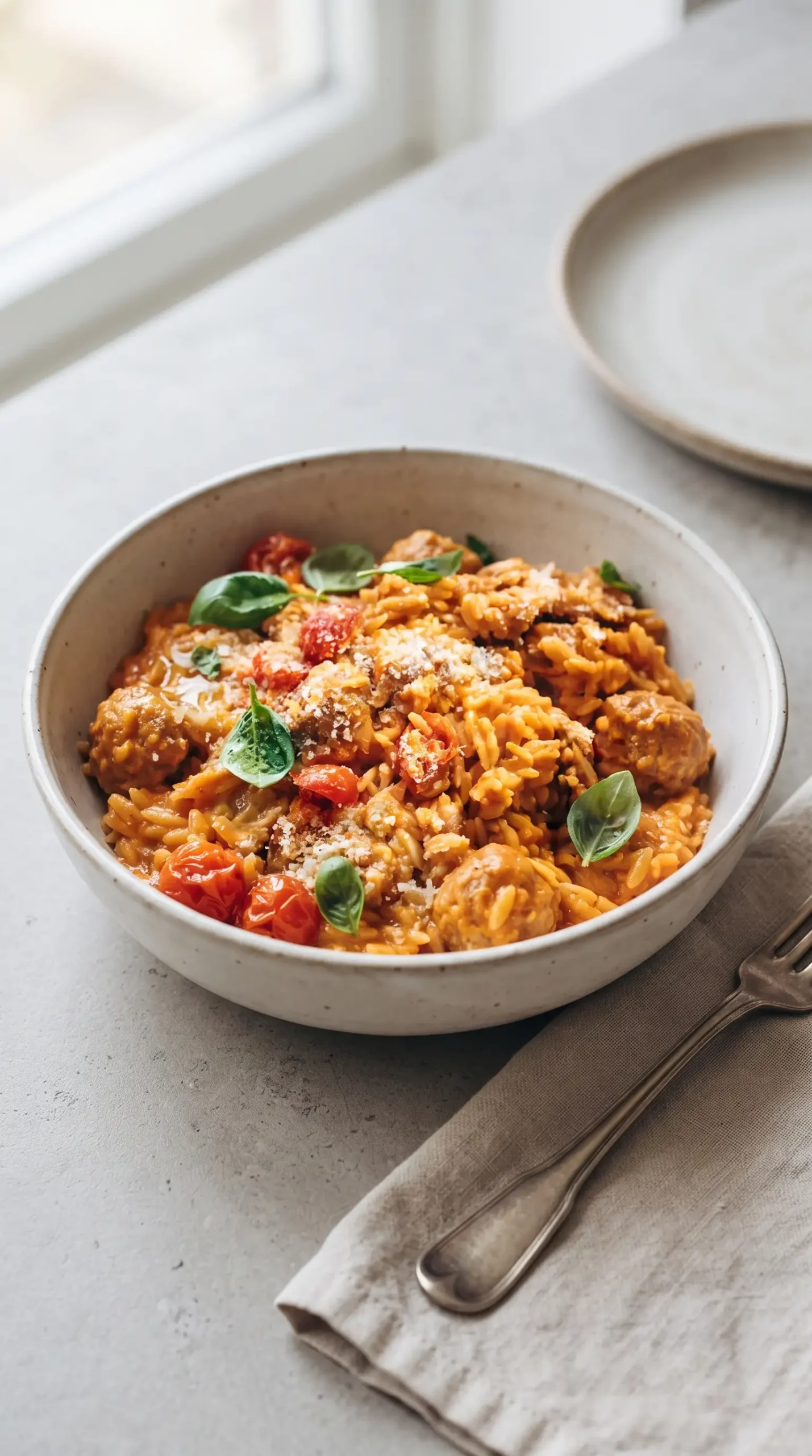 Finished creamy baked orzo with chicken meatballs, basil, Parmesan, and olive oil
