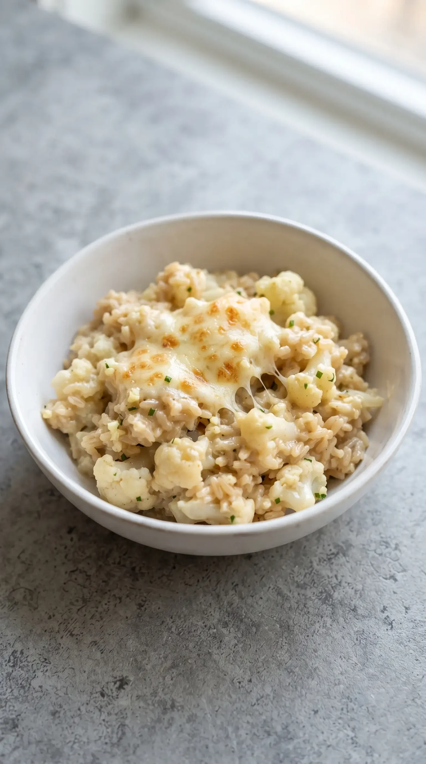 Finished creamy cauliflower garlic rice with brown rice and melted mozzarella