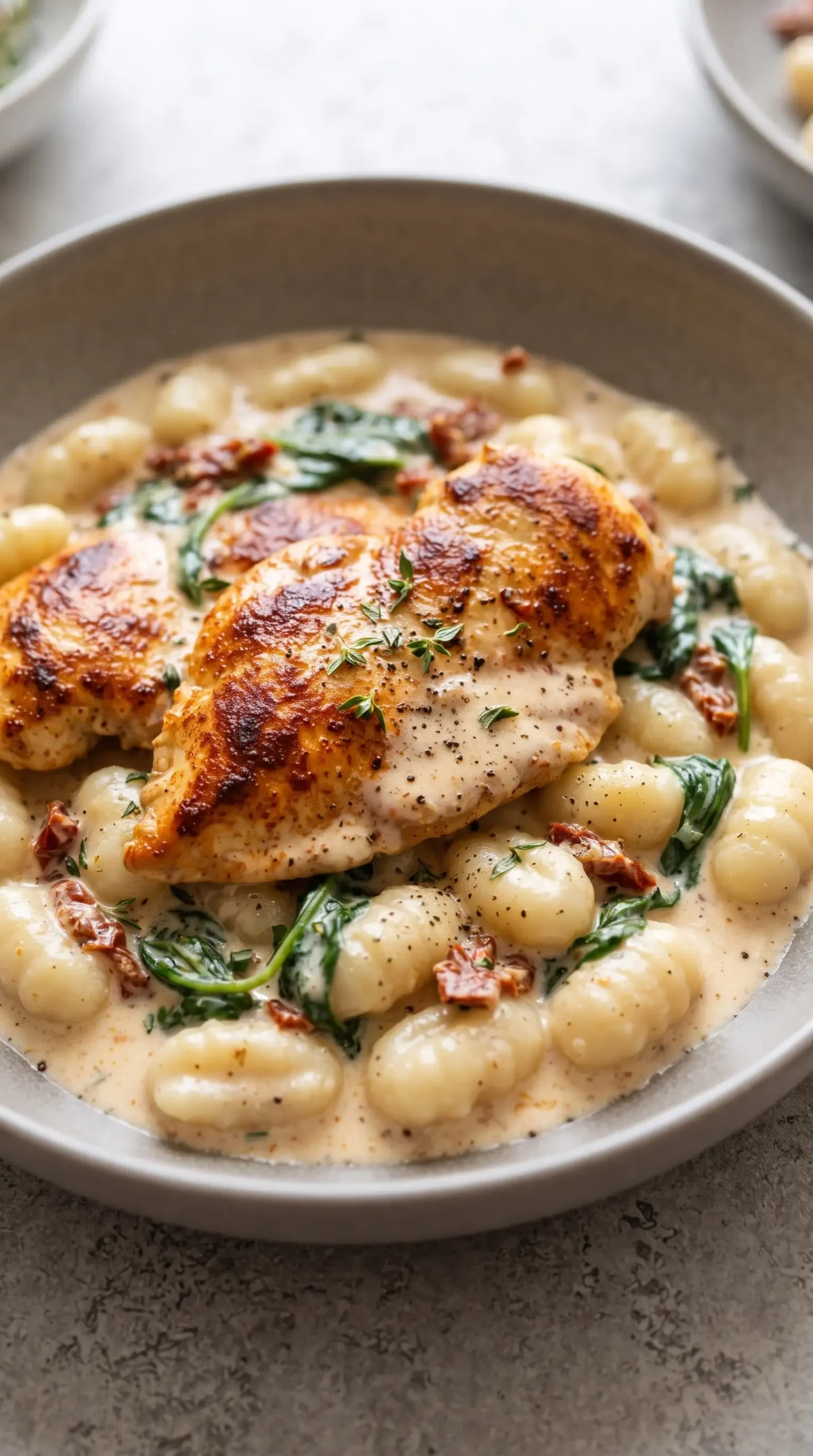 Finished creamy chicken gnocchi with tender gnocchi, chicken, spinach, tomatoes, and Parmesan