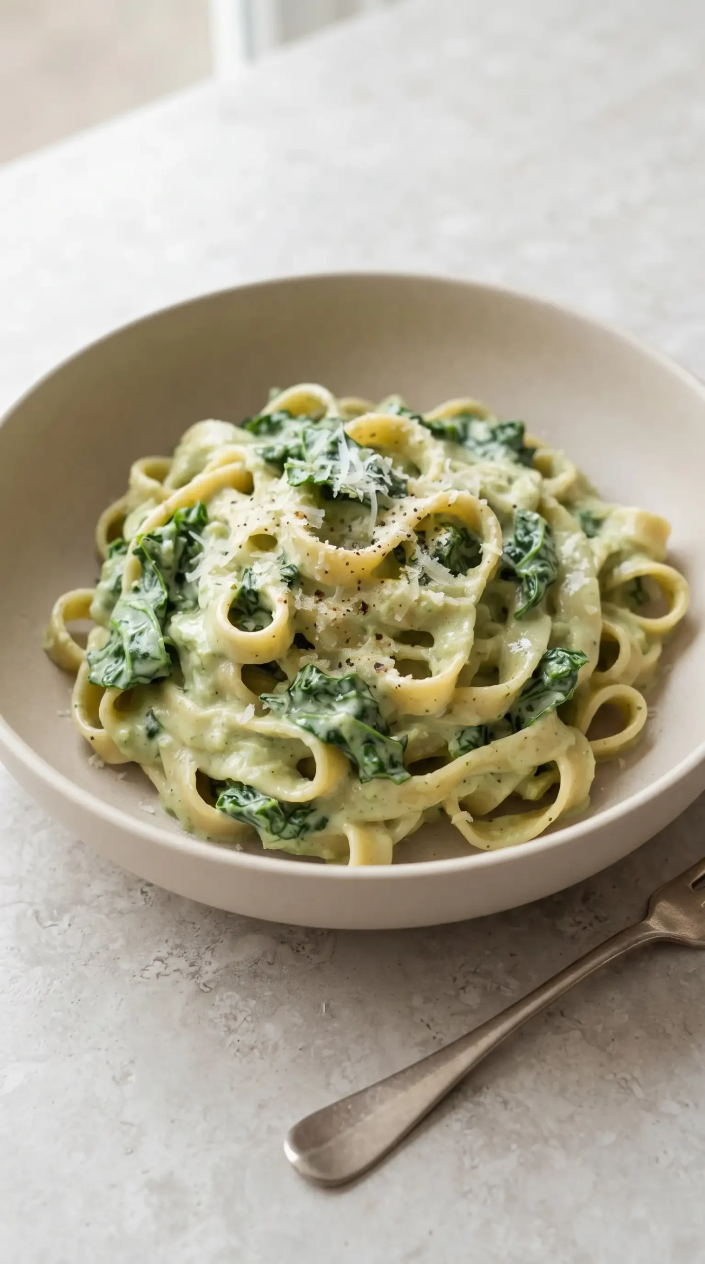 Creamy kale pasta bowl with smooth cashew sauce and sautéed kale
