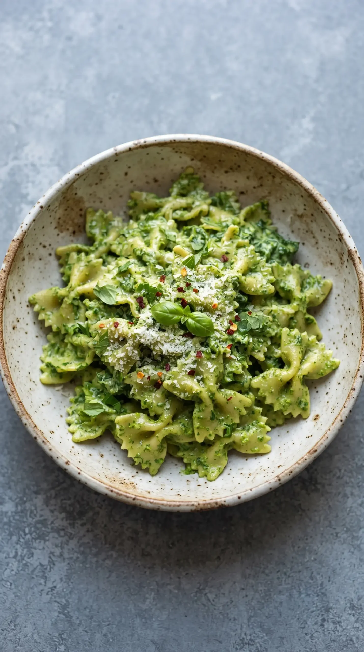 Finished creamy kale pasta bowl with green pesto sauce, Parmesan, and herbs
