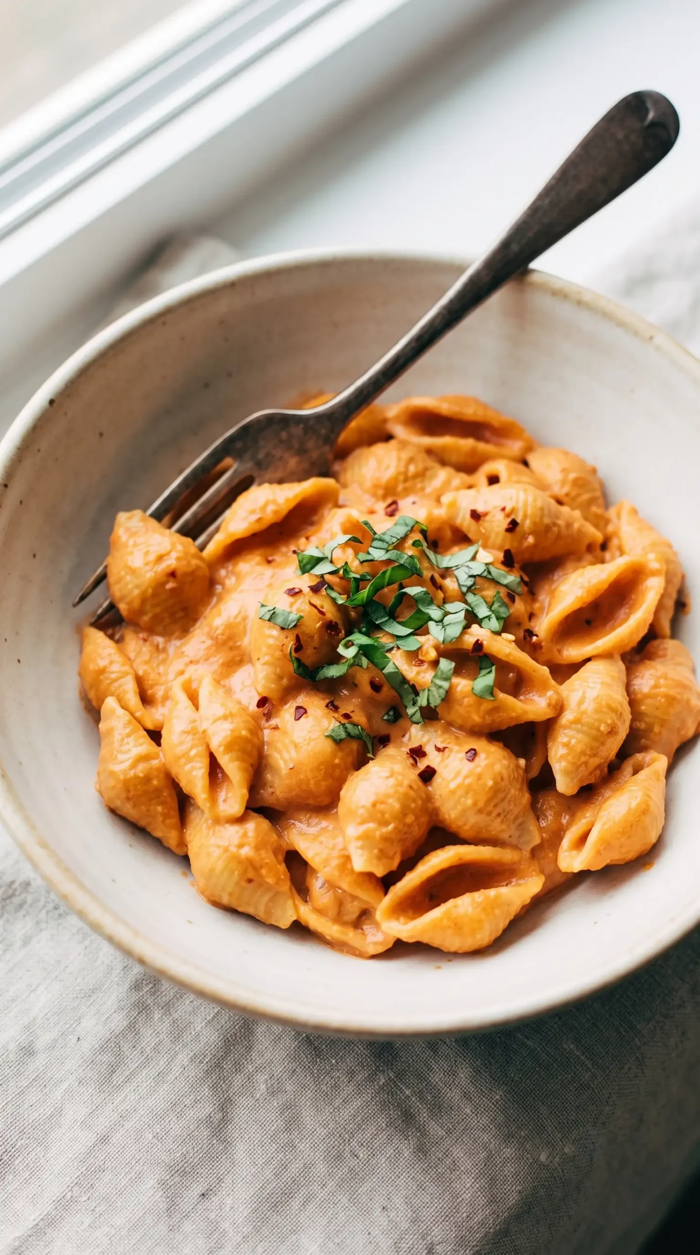 Creamy tomato shells pasta served with cashew cream sauce and fresh herb garnish