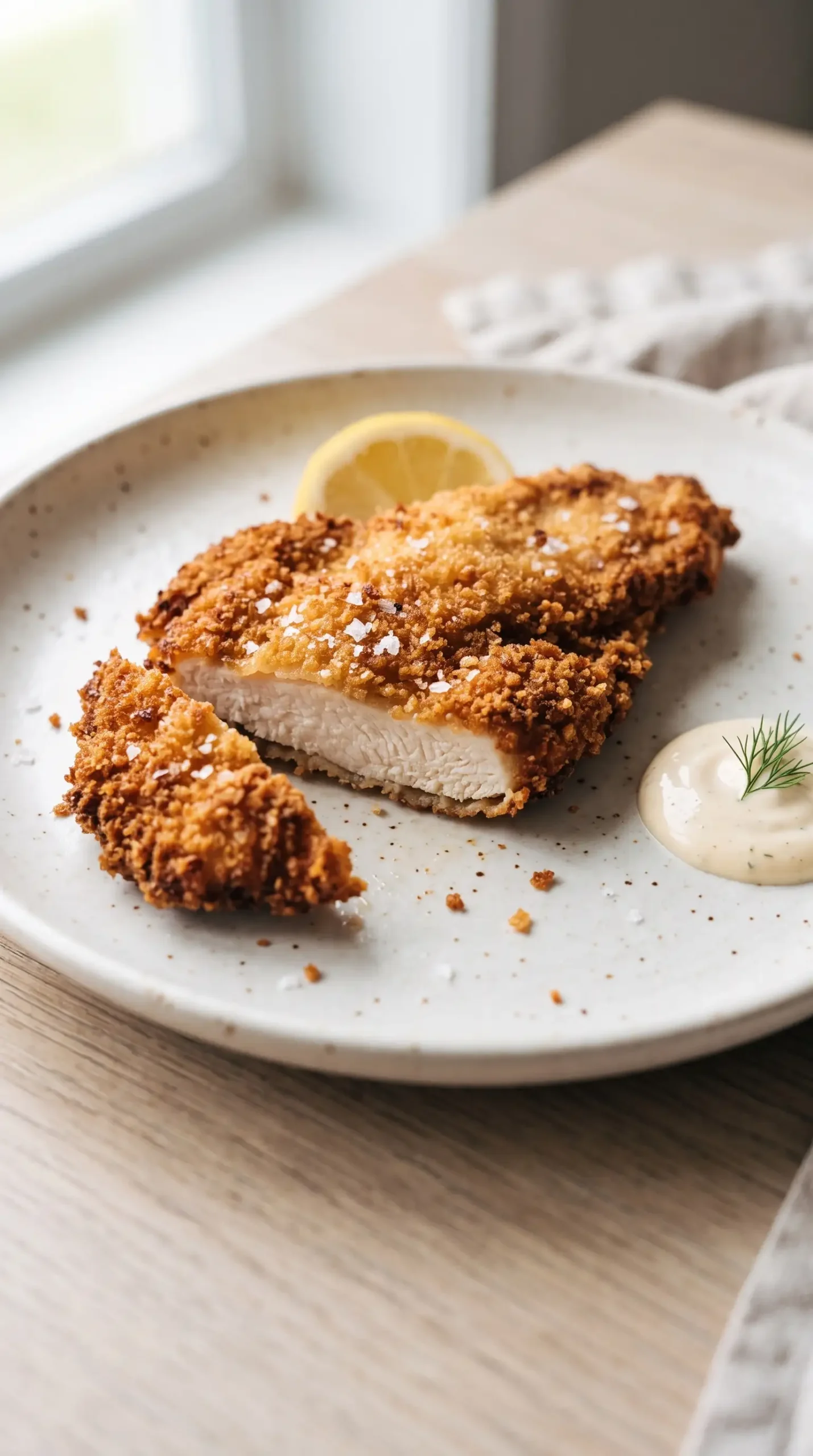 Crispy chicken cutlet with golden panko crust and tender interior on a plate