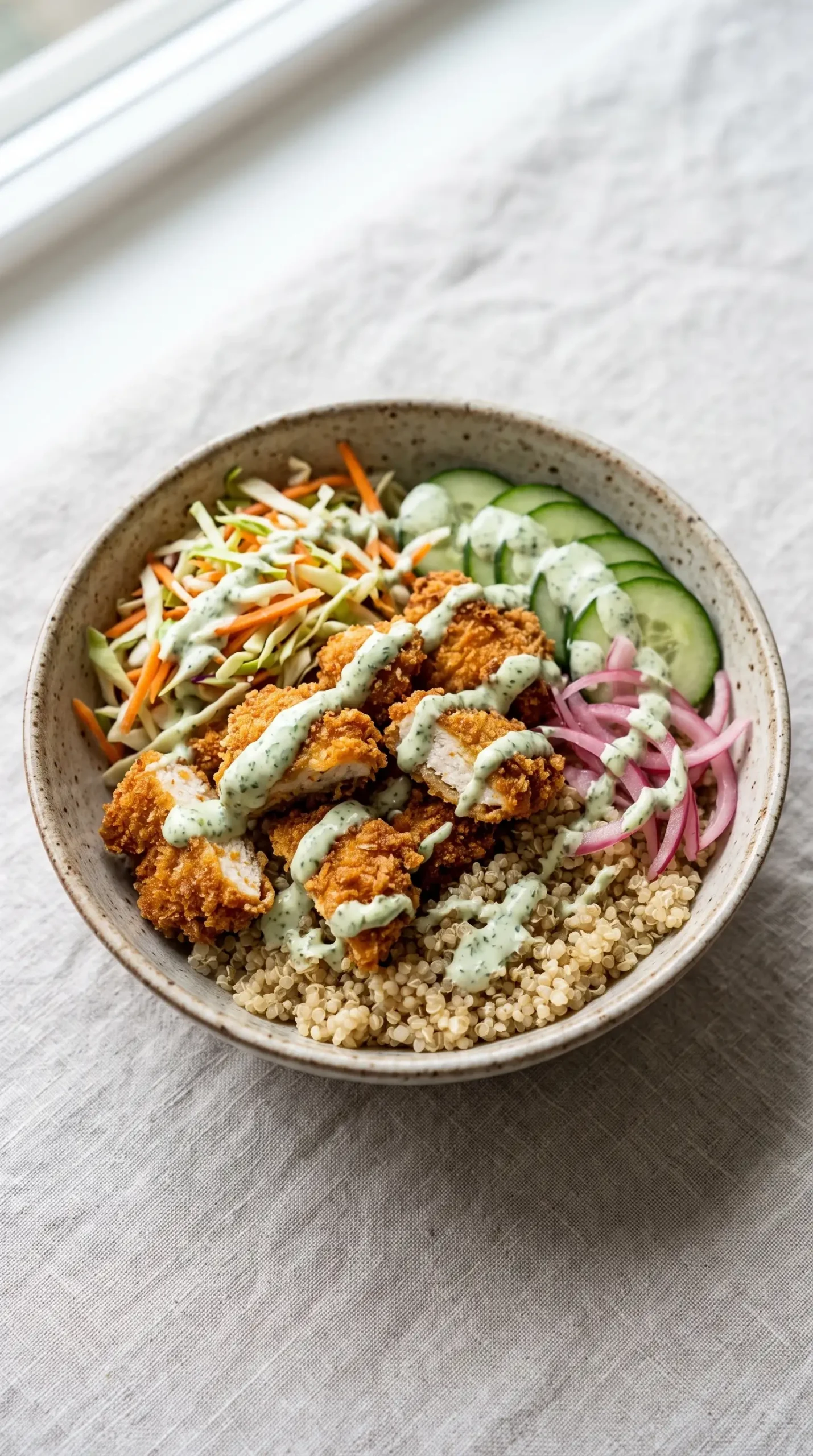Finished crispy chicken tikka bowl with quinoa, vegetables, and mint sauce drizzle