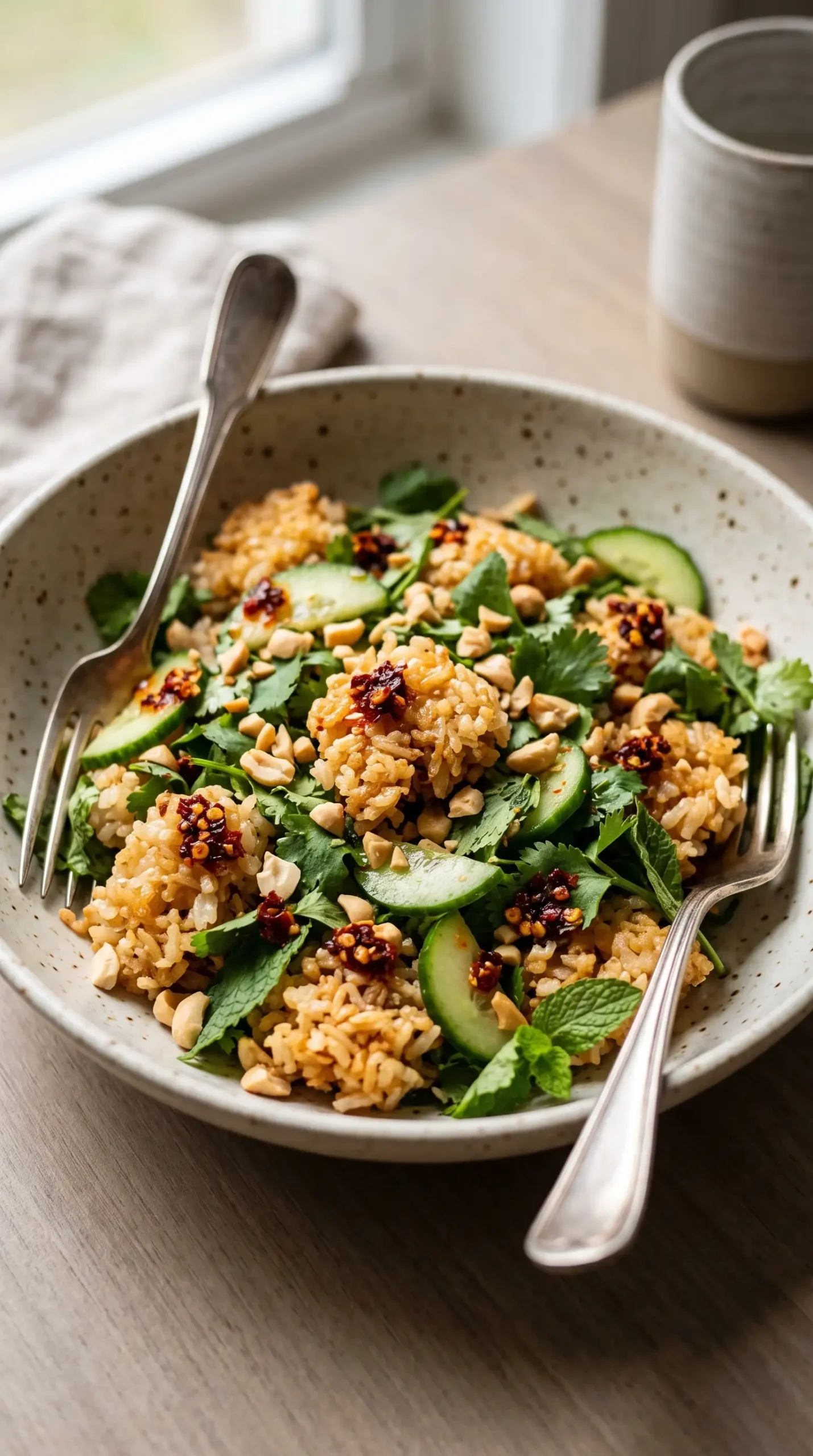Bowl of crispy rice salad with cucumbers, herbs, peanuts, and chili crisp