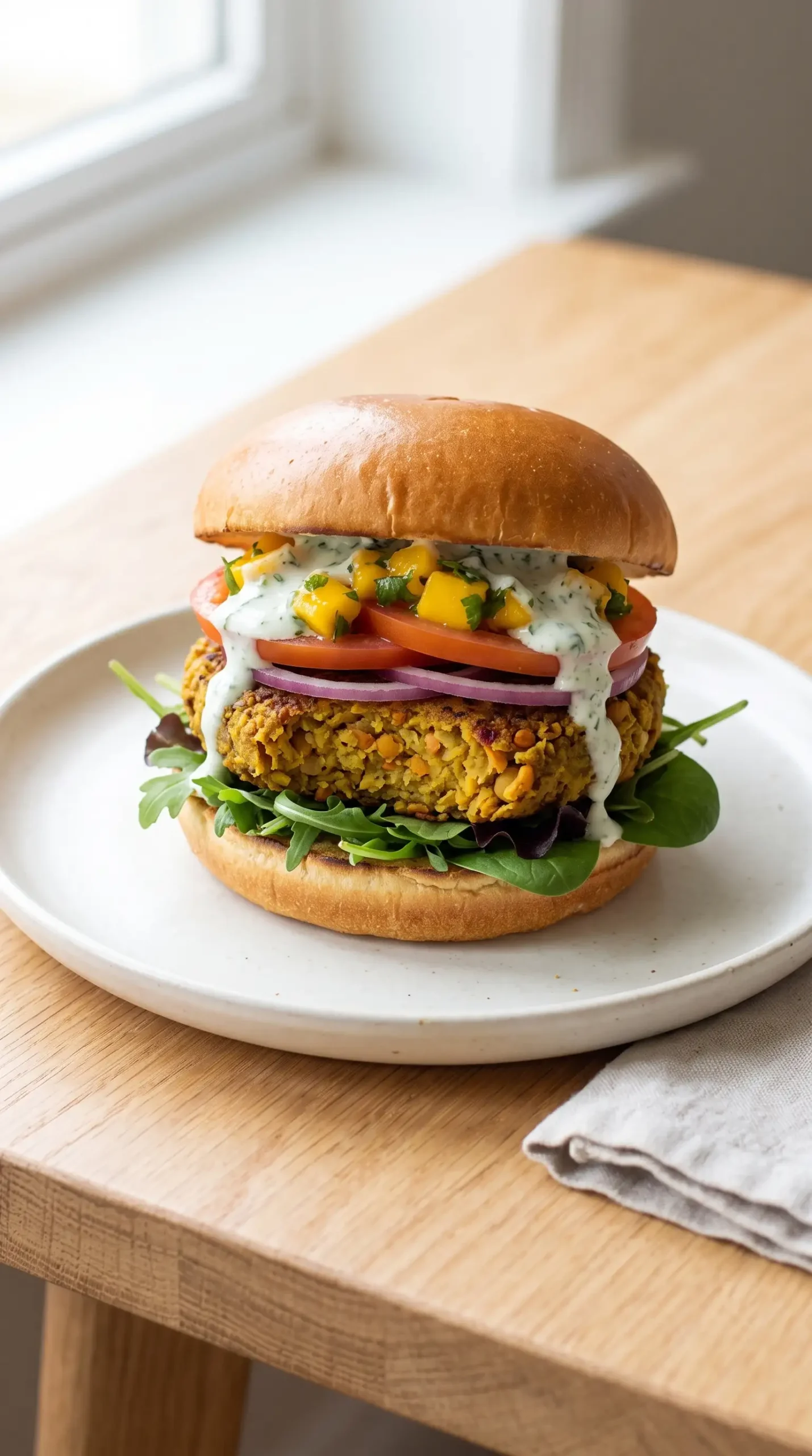 Curried veggie burger with chickpea lentil patty, bun, greens, and sauce