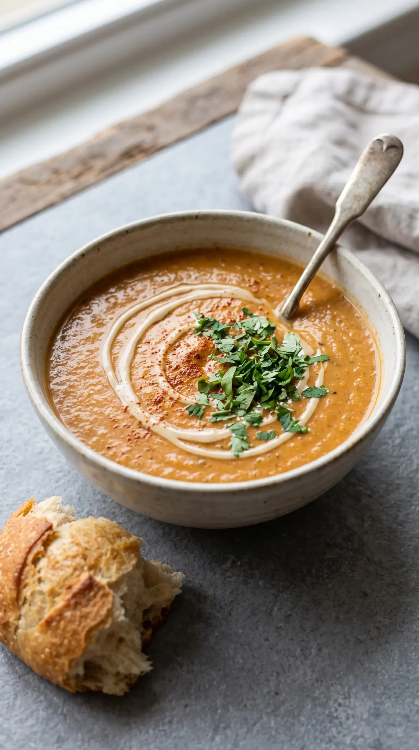 Bowl of curry eggplant soup with roasted red peppers, tahini, and herbs