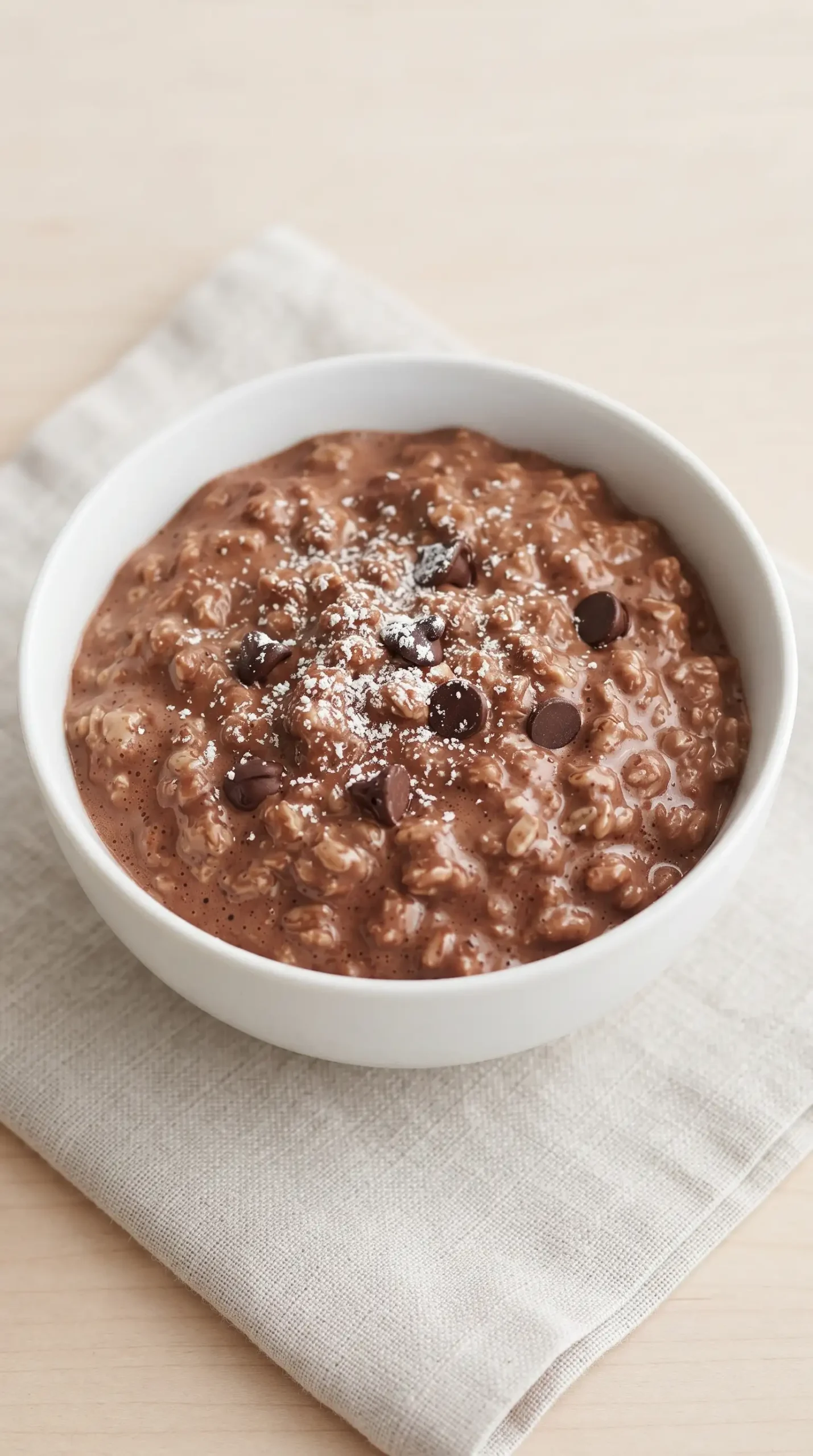 Creamy double chocolate oatmeal topped with powdered sugar and chocolate chips
