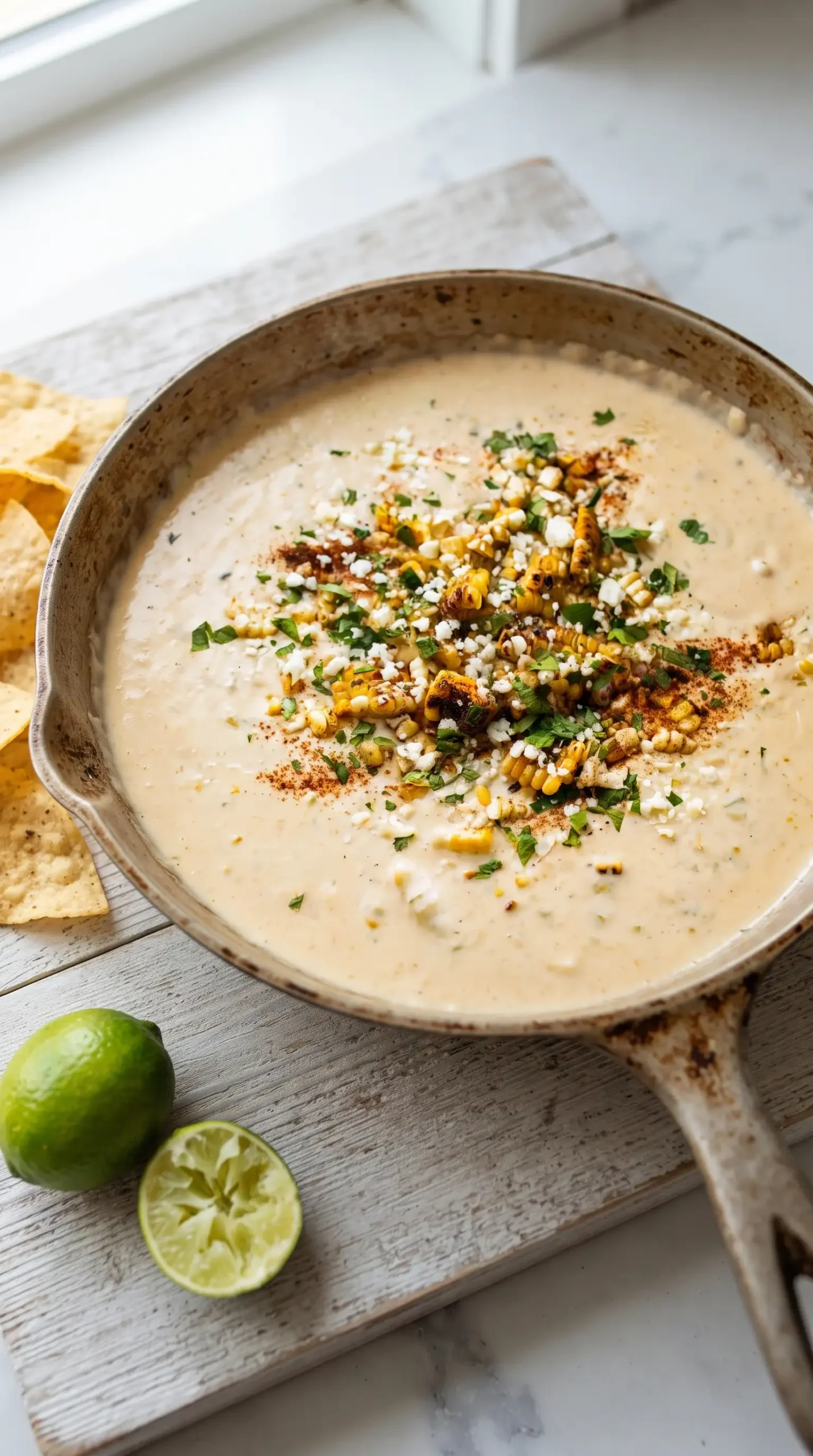 Warm elote queso skillet topped with corn, cilantro, queso fresco, and chips