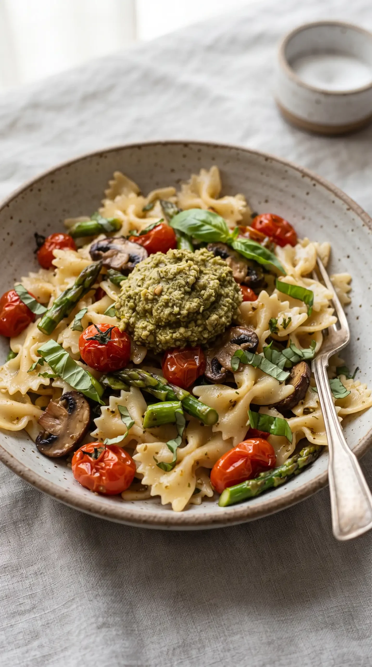 Farmers market pasta with farfalle, roasted vegetables, walnut pesto, and basil