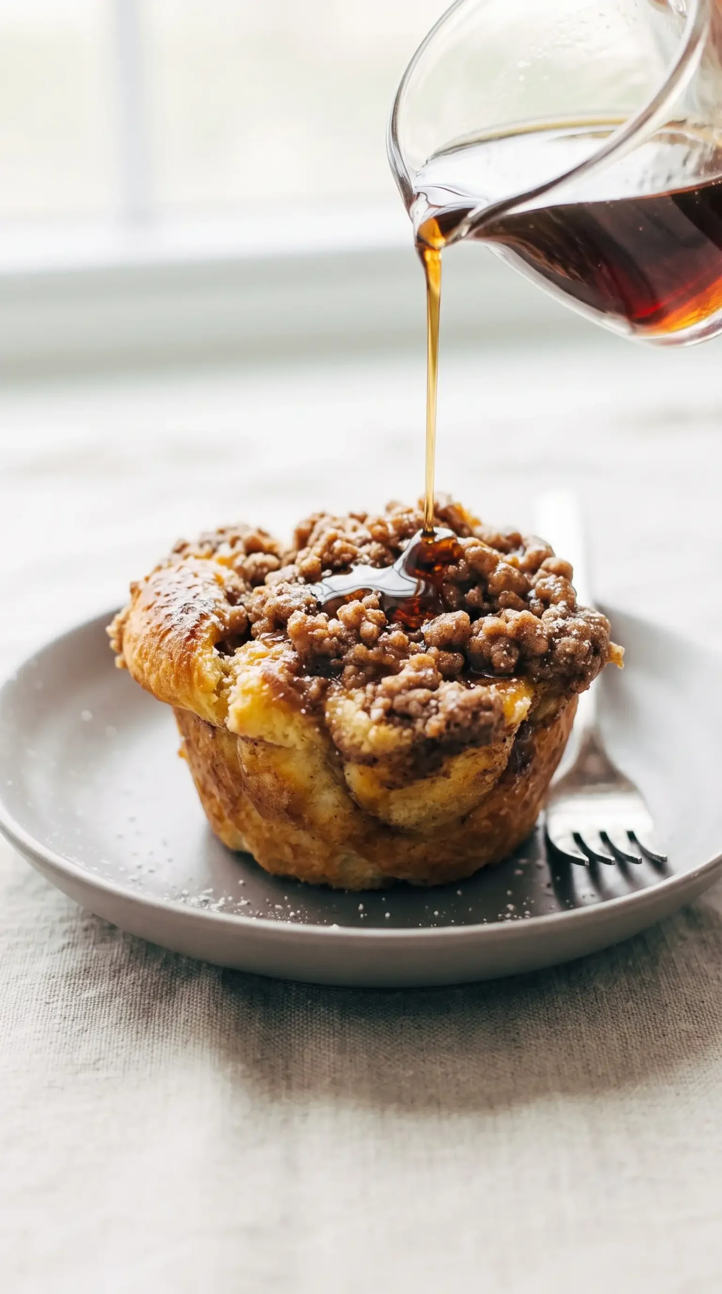 Warm French toast cup topped with cinnamon streusel, powdered sugar, and syrup