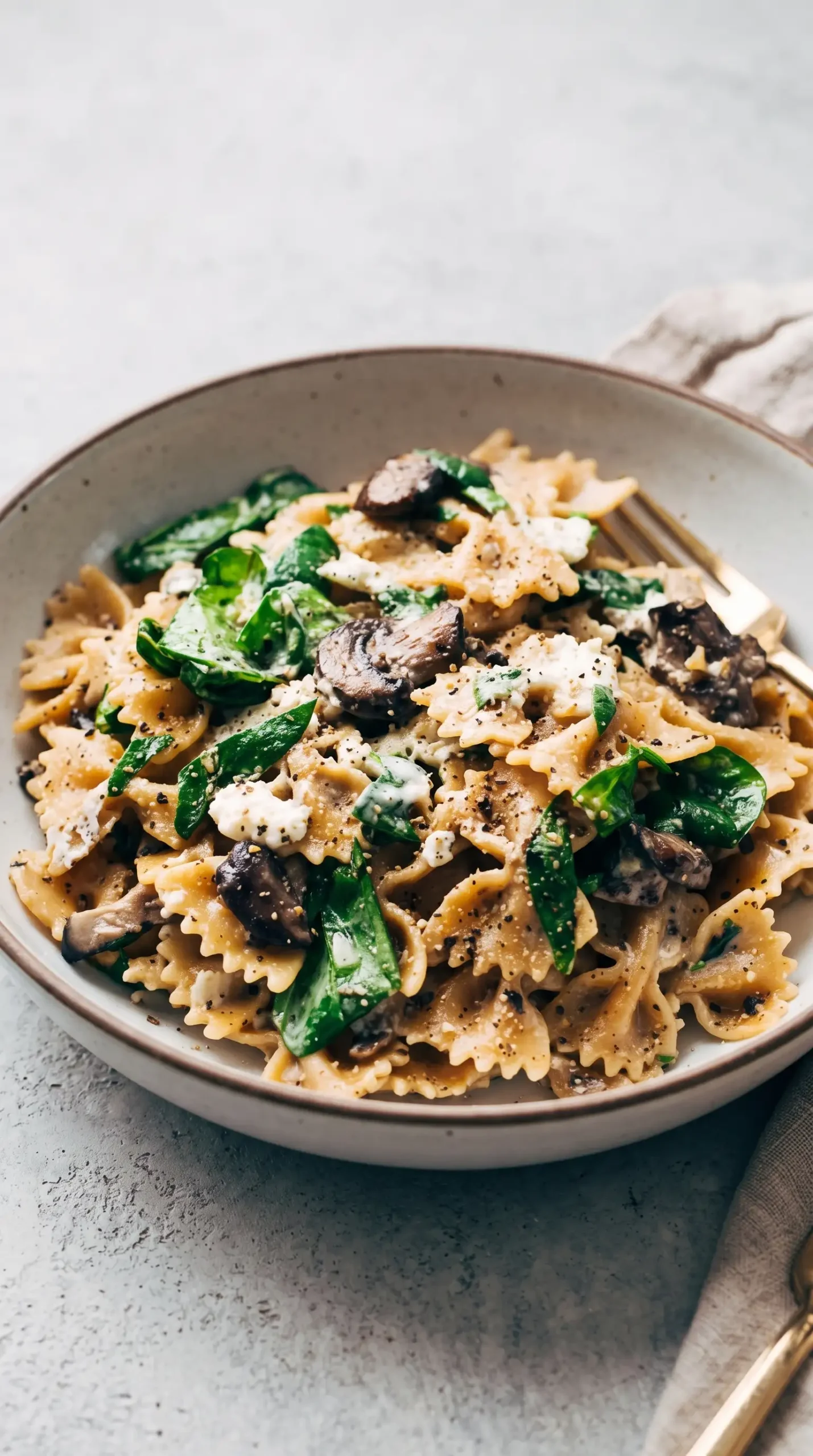 Bowl of creamy farfalle pasta with mushrooms, spinach, goat cheese, and Parmesan