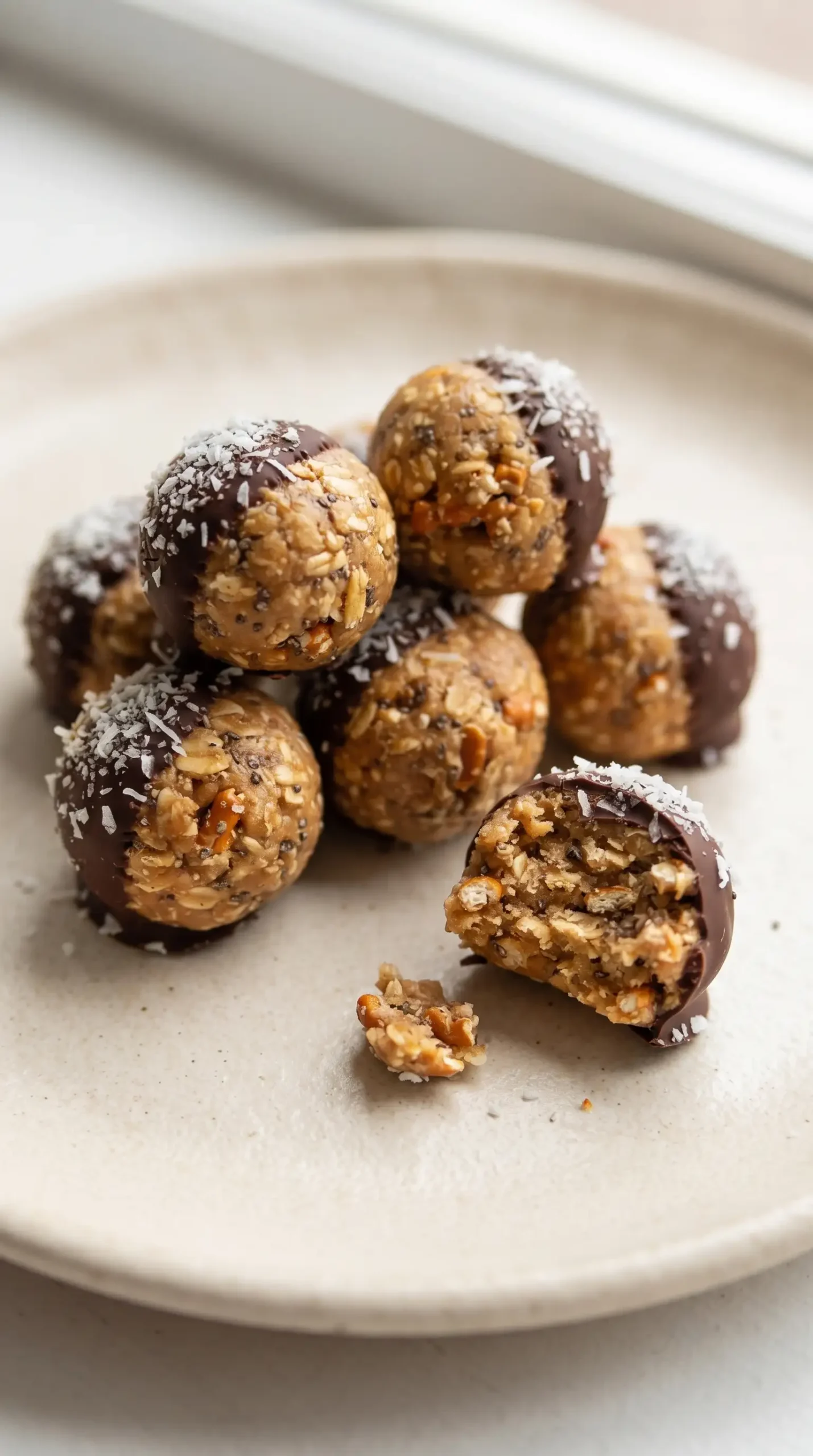 Finished peanut butter pretzel energy bites with oats, chia seeds, and crunchy texture