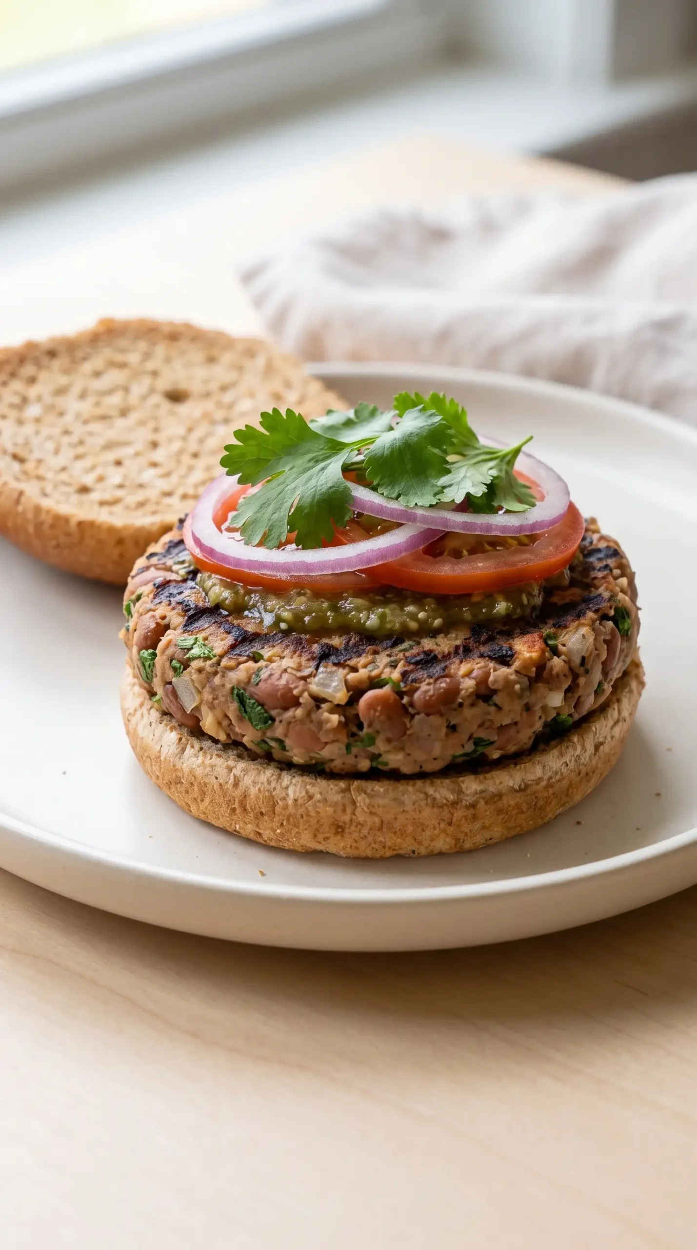Finished pinto bean burger patty served with cilantro and fresh toppings