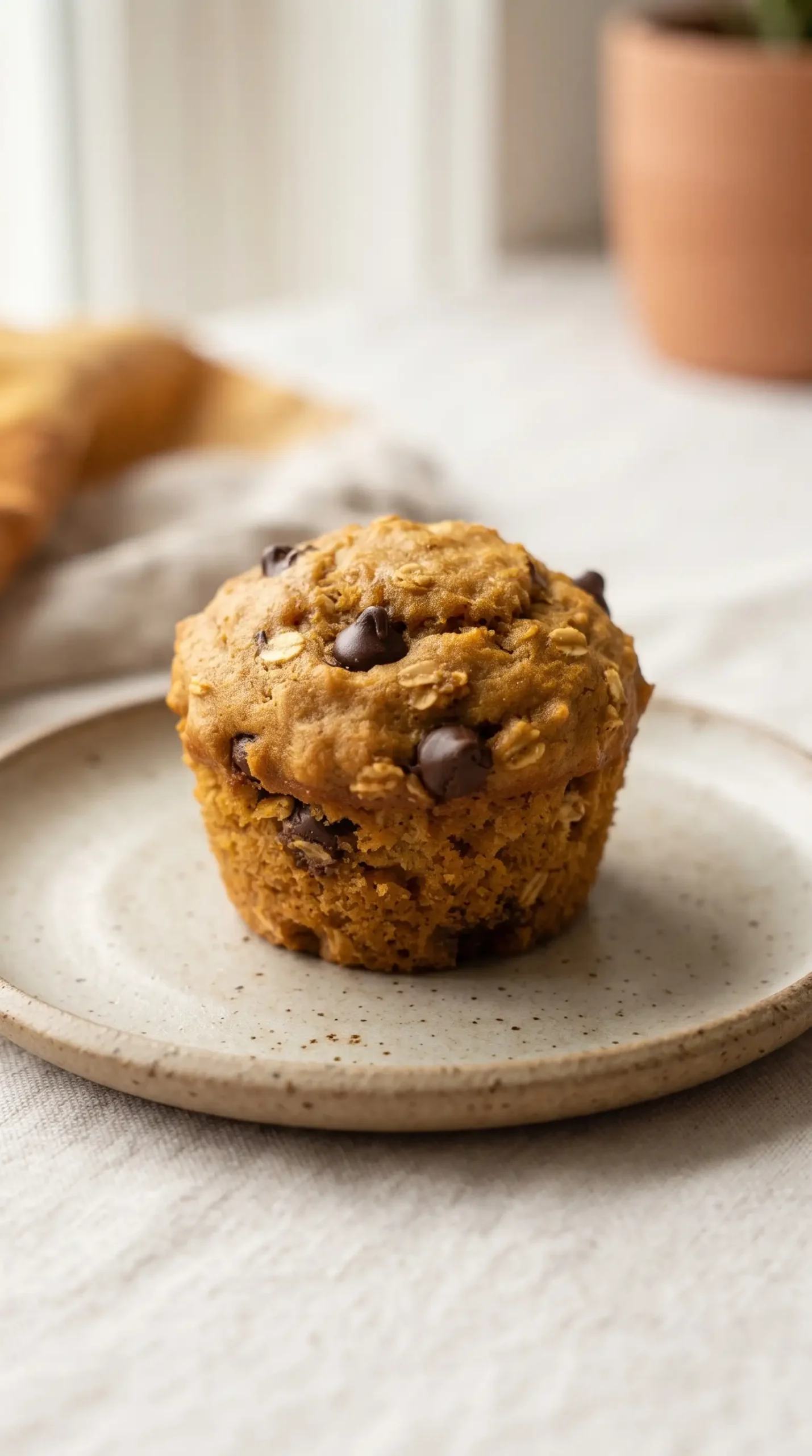 Finished pumpkin muffin with oat texture and chocolate chips ready to serve