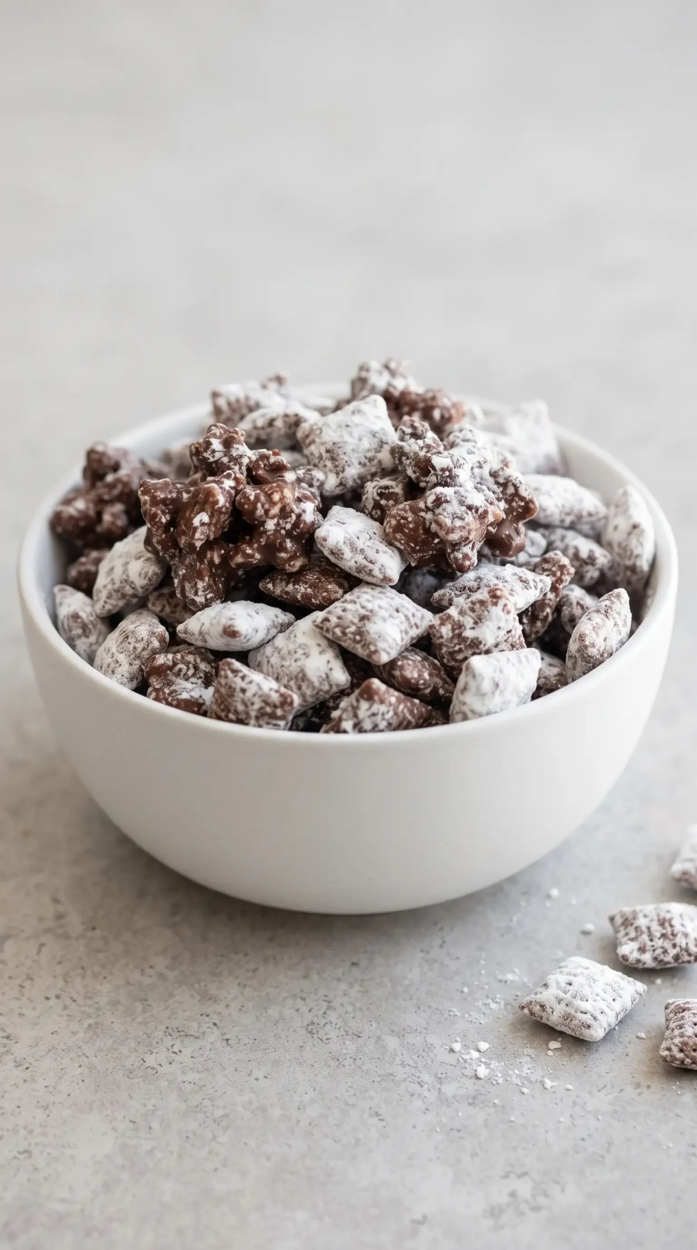 Finished puppy chow clusters with chocolate coating and powdered sugar in a bowl