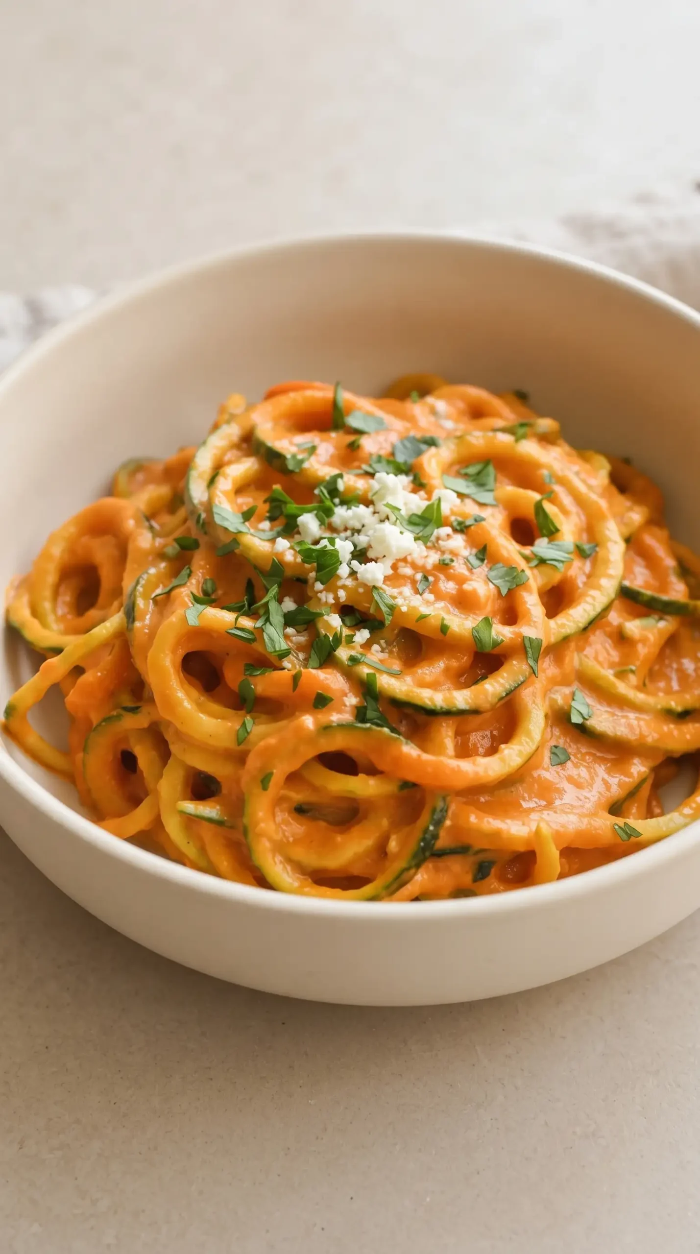 Finished bowl of creamy garlic pasta with roasted red pepper sauce and parsley