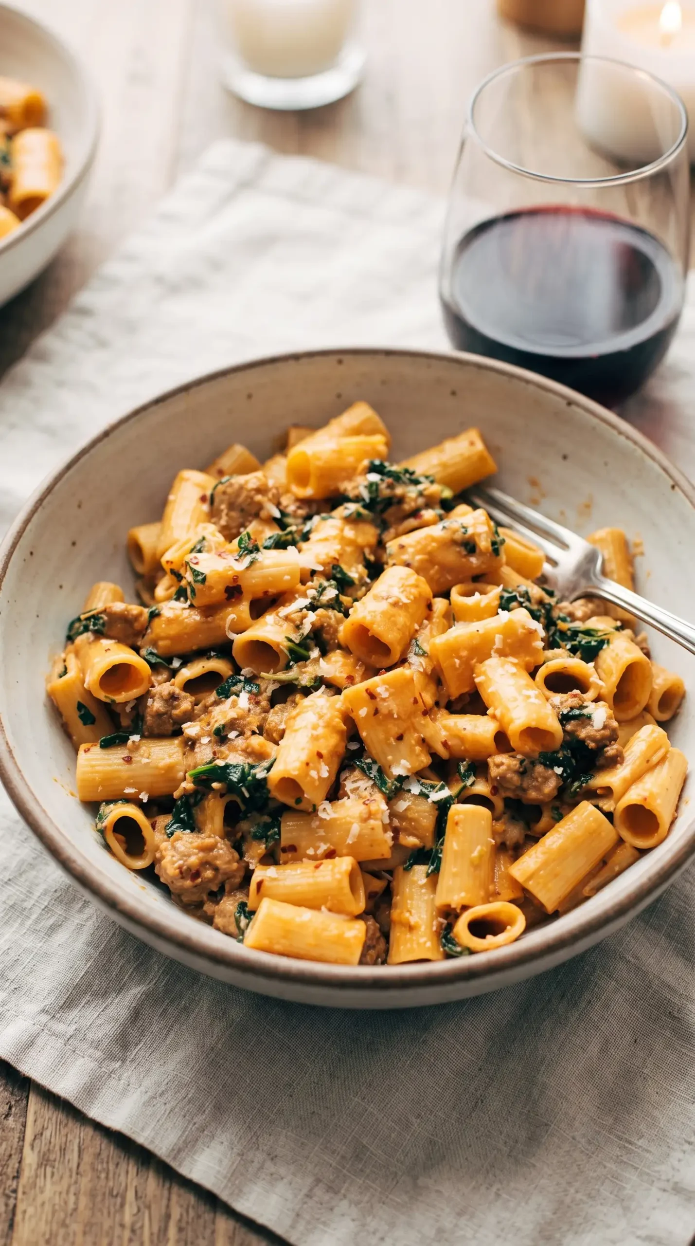 Finished rigatoni with sausage cream sauce, Parmesan, kale, and red pepper flakes