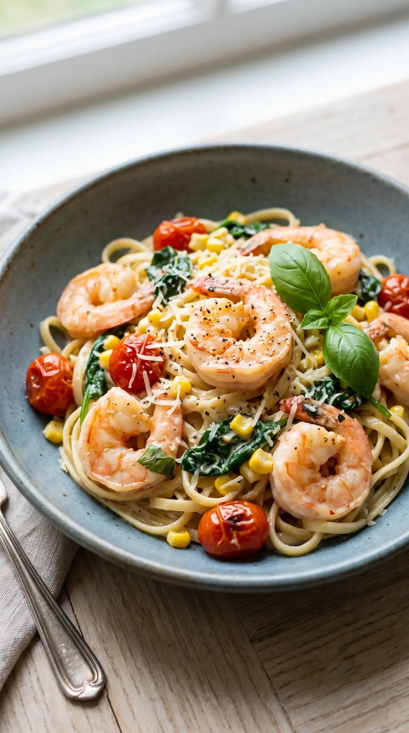 Creamy shrimp linguine topped with corn, tomatoes, spinach, basil, and Parmesan