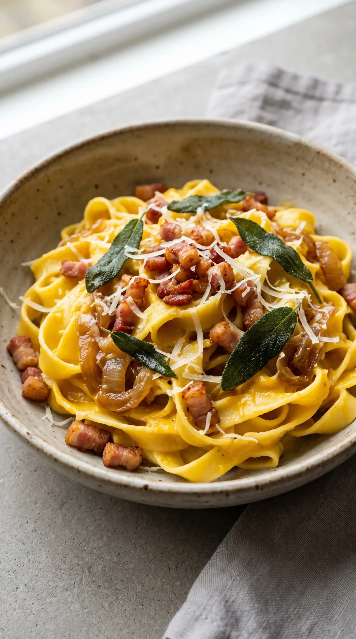Finished fettuccine plate with squash sauce, caramelized onion, pancetta, and sage