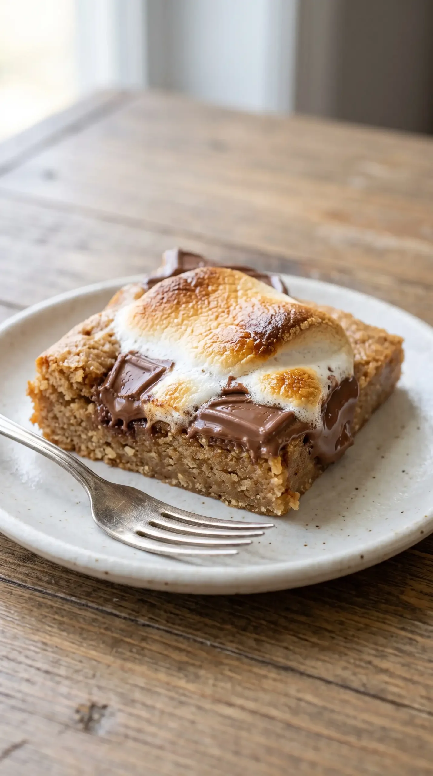 Finished chocolate marshmallow graham bar with toasted topping and layered texture