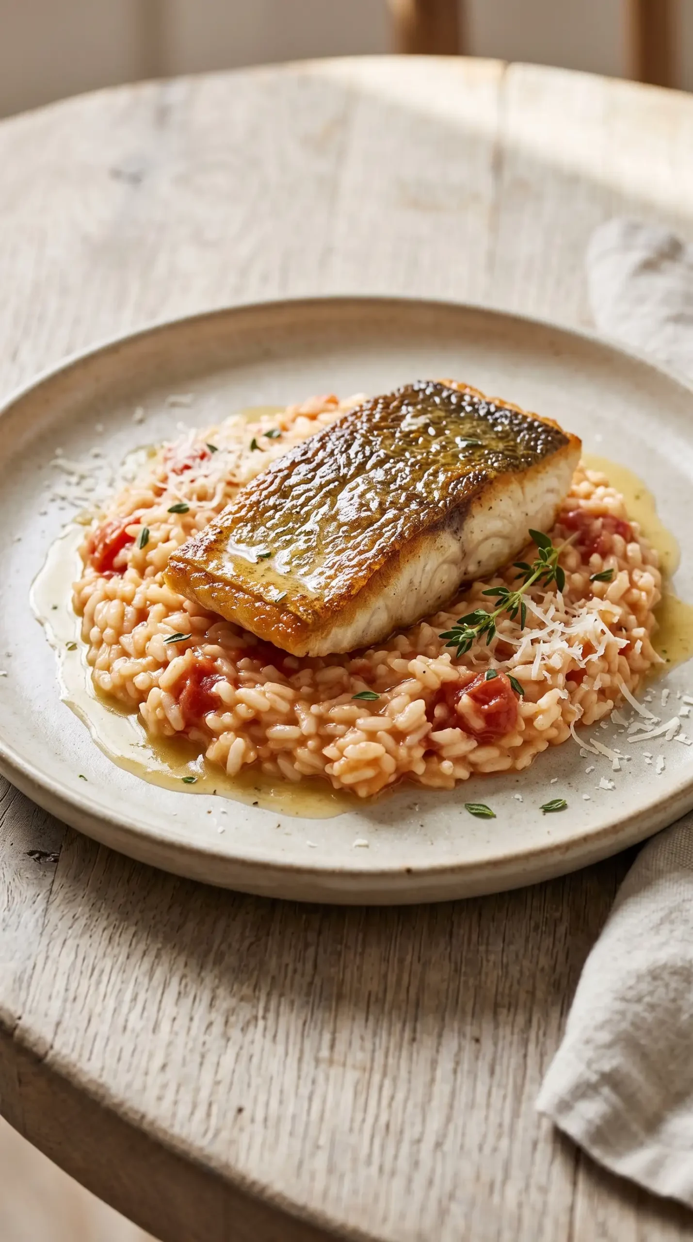 Plated tomato risotto with crispy Barramundi, Parmesan, and thyme sauce