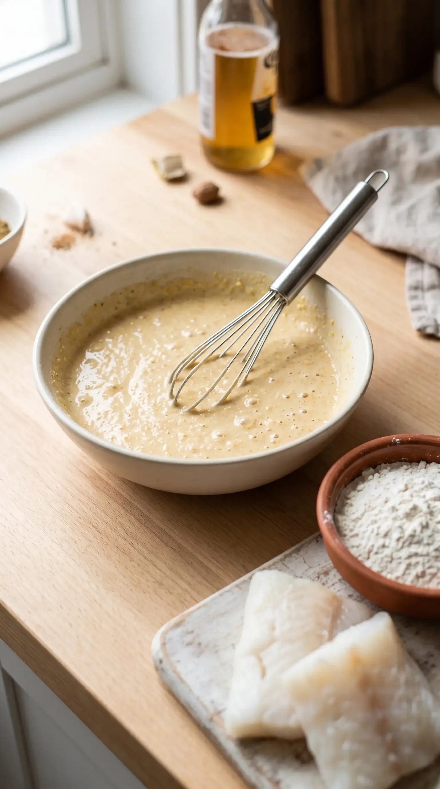 Beer batter mixture and white fish prepared for crispy taco coating