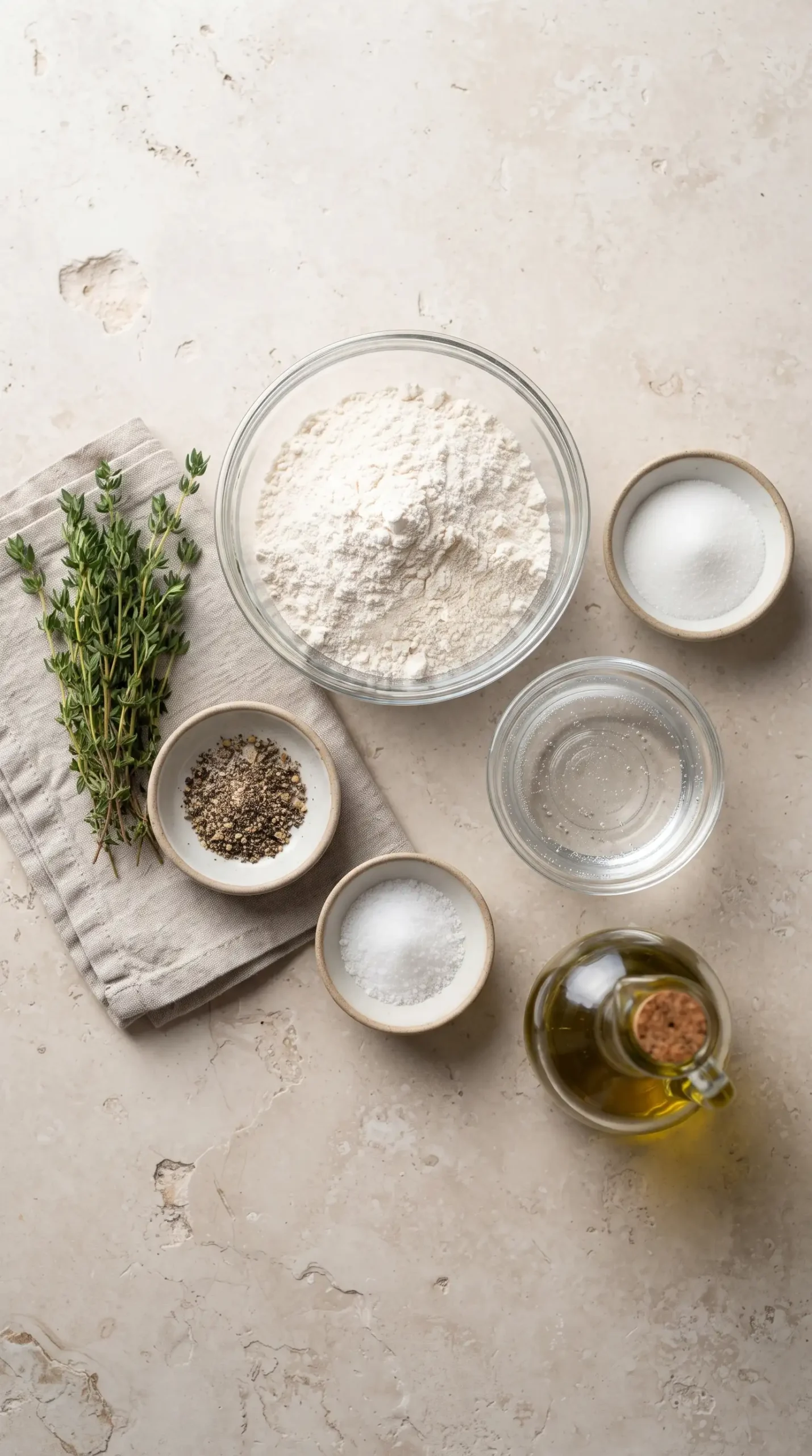 Flour, thyme, pepper, olive oil, salt, sugar, and water for flatbread cracker dough