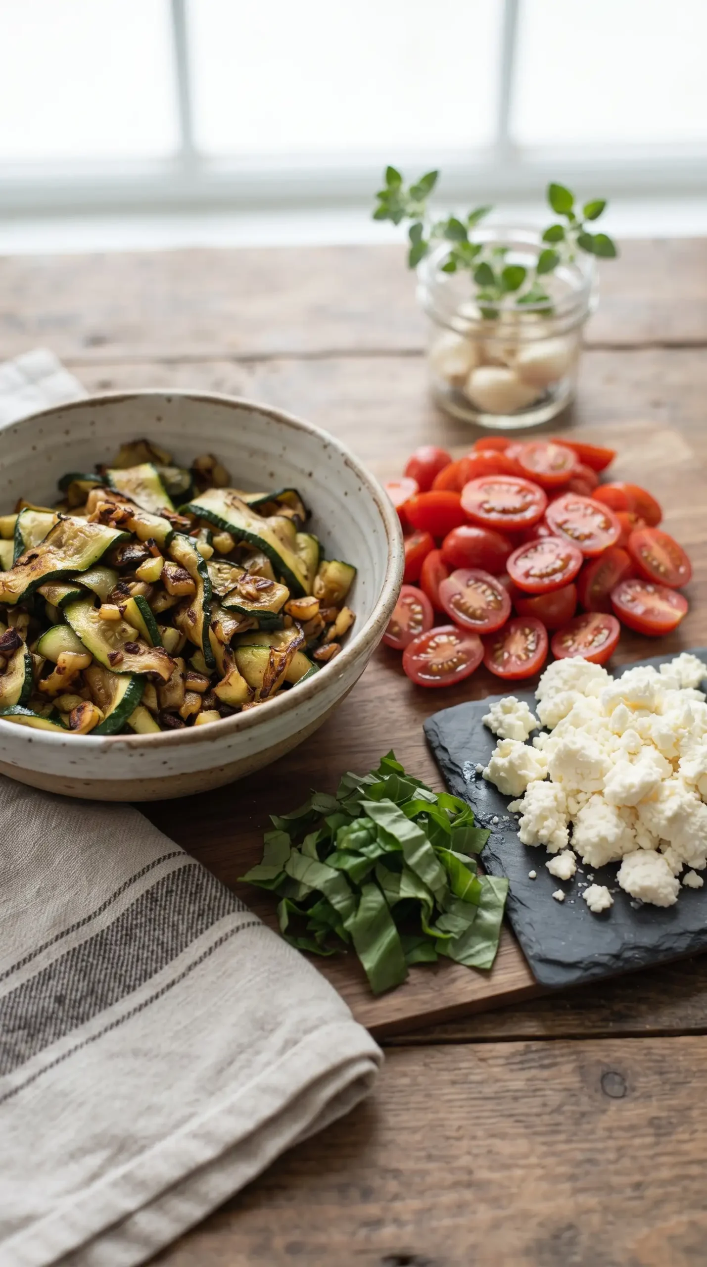 Professional close-up food photography of the prepared market toppings for Farmer's Market Flatbread Pizza arranged in an organized ingredient scene, featuring a bowl of browned cooked zucchini, chopped grape tomatoes, crumbled white cheese, and fresh basil leaves on a simple neutral surface. Keep the focus on the individual topping textures and colors rather than a finished dish, with realistic ingredient proportions, natural daylight, minimal props, and a clean preparation-style composition.