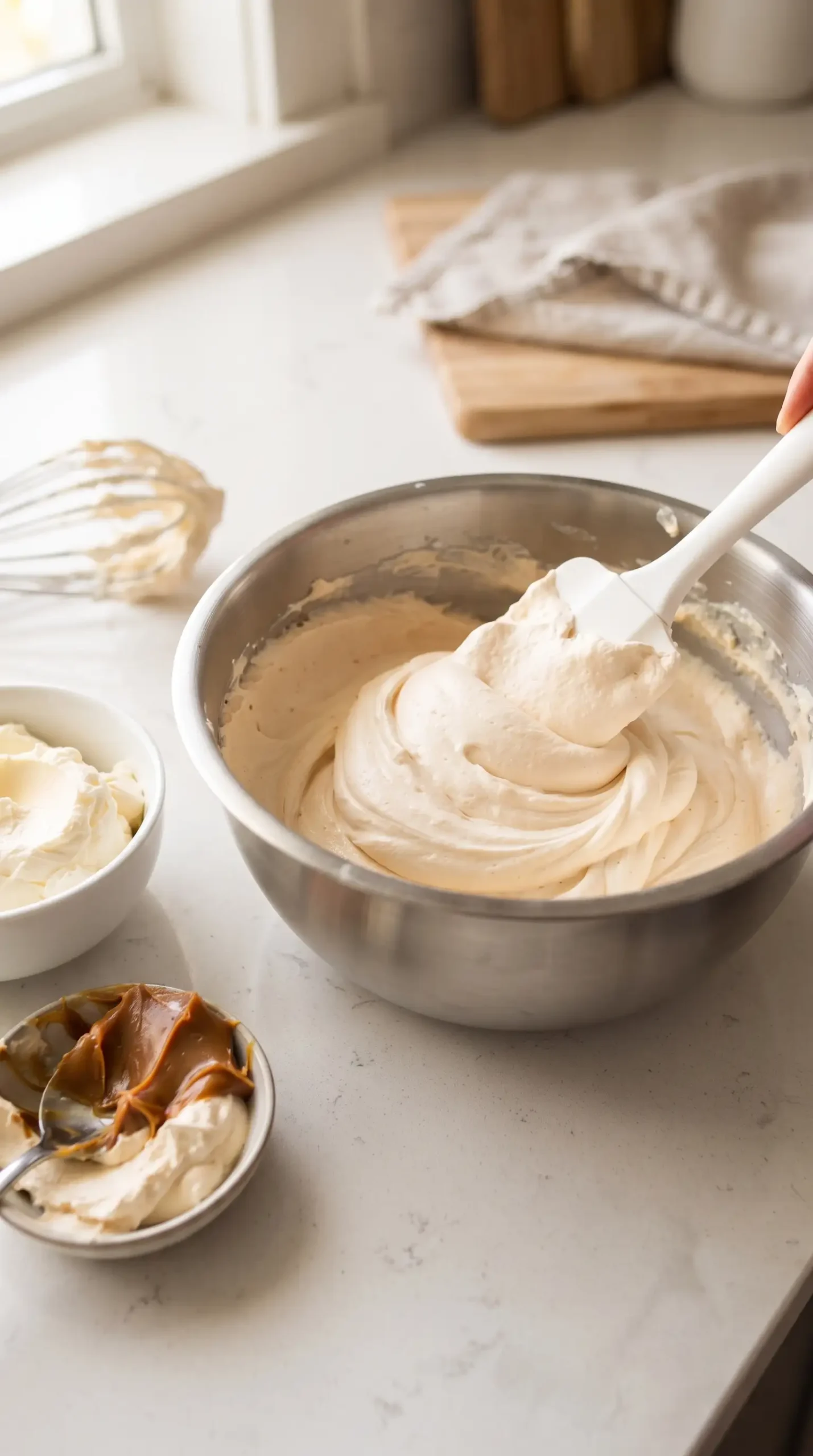 Mascarpone cream and whipped cream being folded together with dulce de leche in a mixing bowl