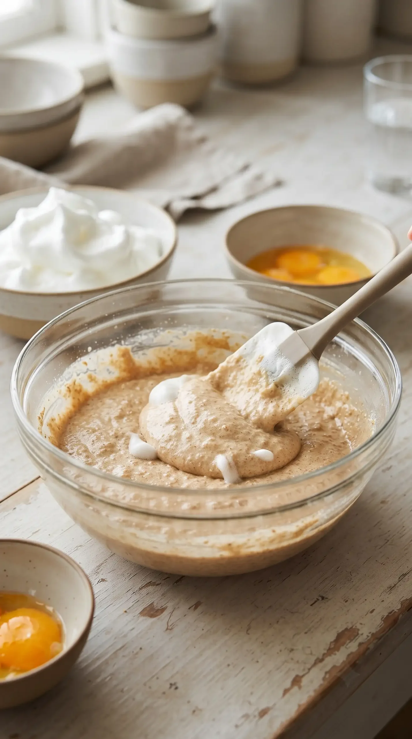 Separated eggs being folded into whole wheat pancake batter for a light texture
