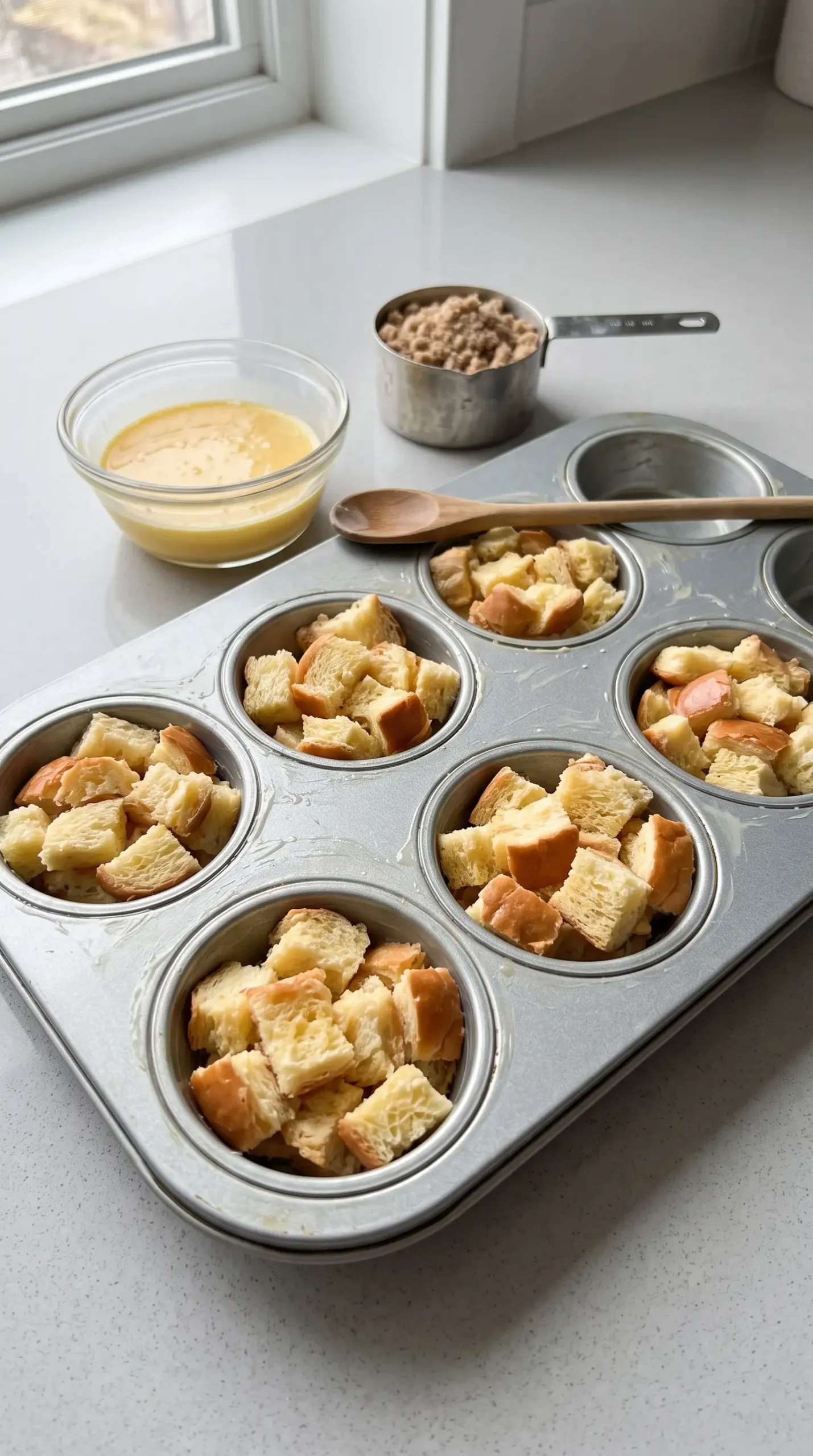 Torn French bread pieces arranged in a muffin tin with custard mixture nearby